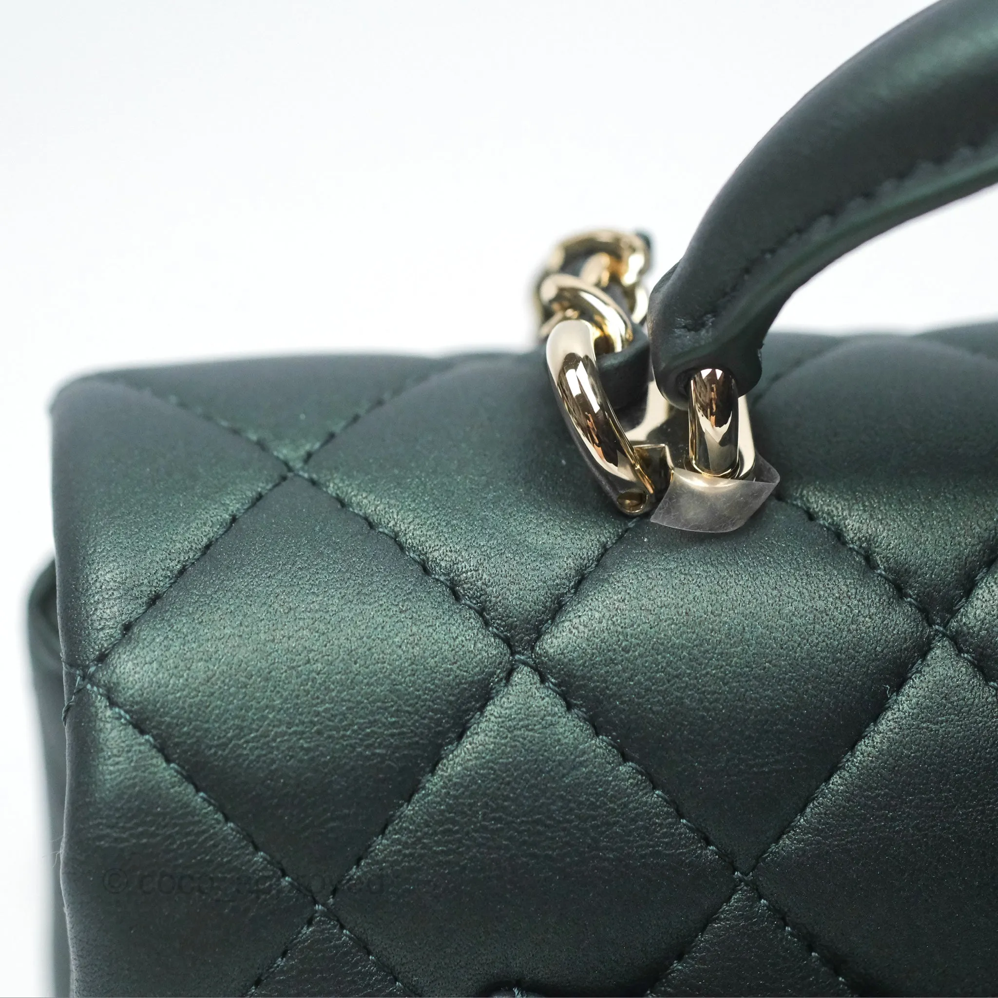 Chanel Top Handle Mini Rectangular Flap Bag Iridescent Dark Green Lambskin Gold Hardware