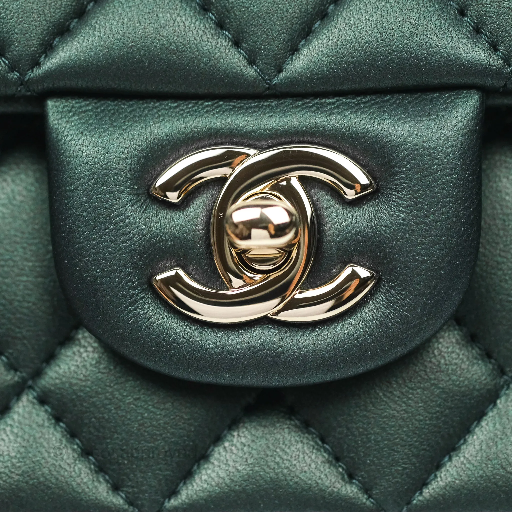 Chanel Top Handle Mini Rectangular Flap Bag Iridescent Dark Green Lambskin Gold Hardware