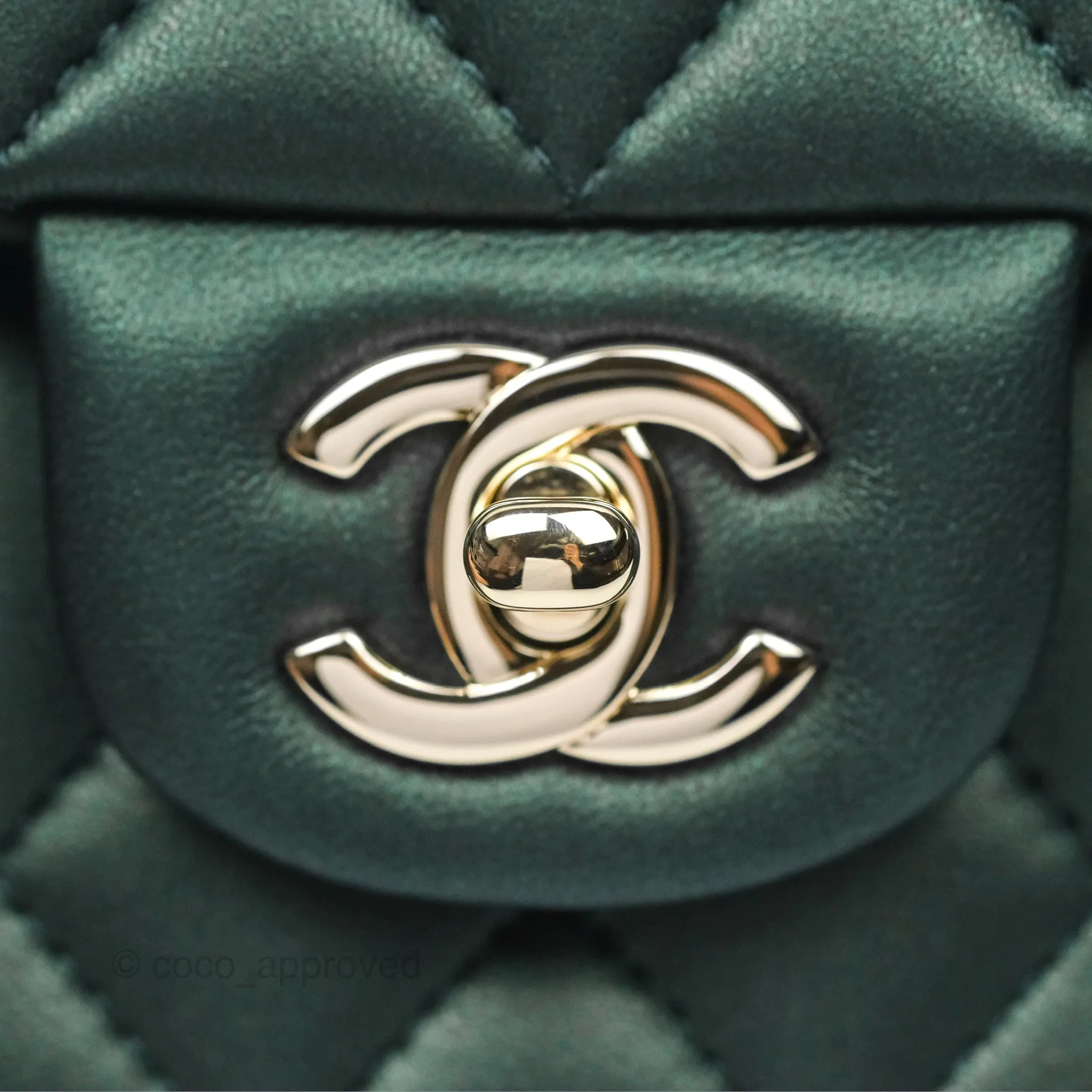 Chanel Top Handle Mini Rectangular Flap Bag Iridescent Dark Green Lambskin Gold Hardware