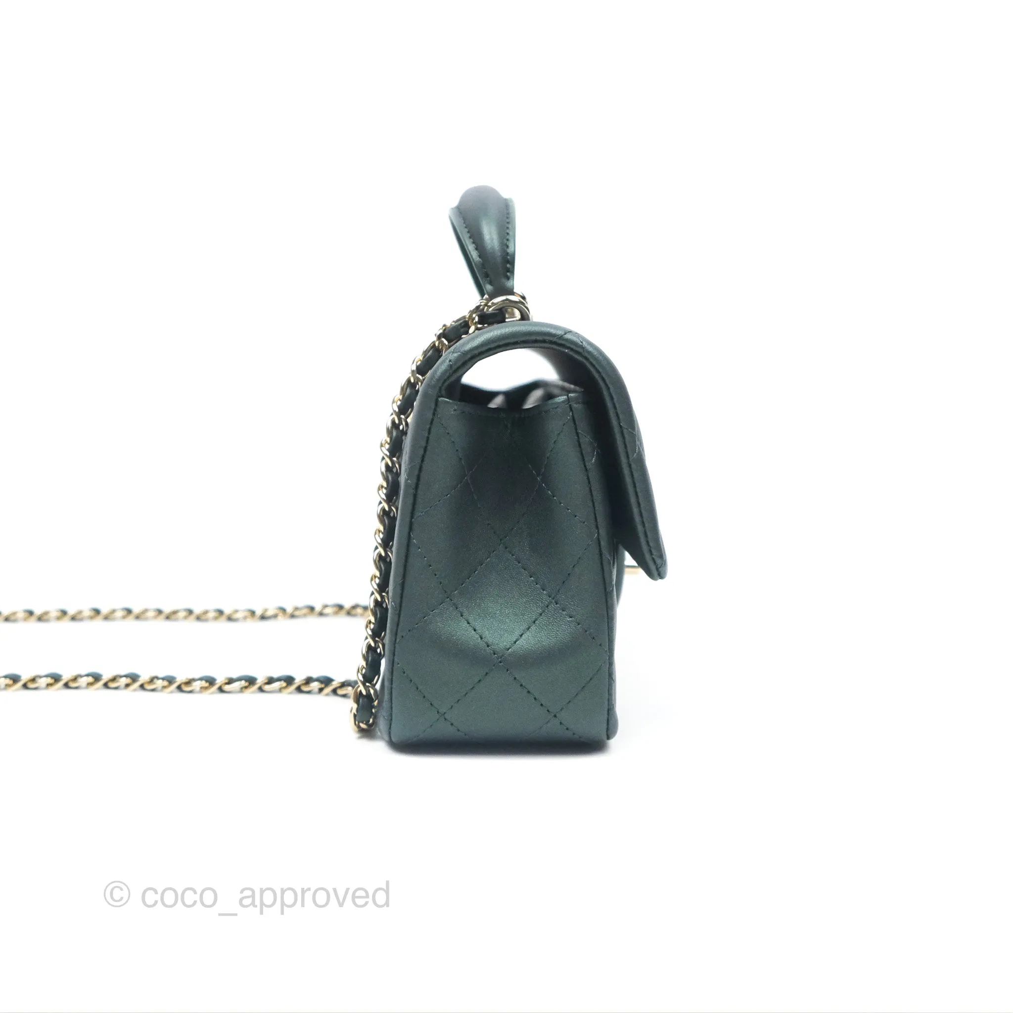 Chanel Top Handle Mini Rectangular Flap Bag Iridescent Dark Green Lambskin Gold Hardware