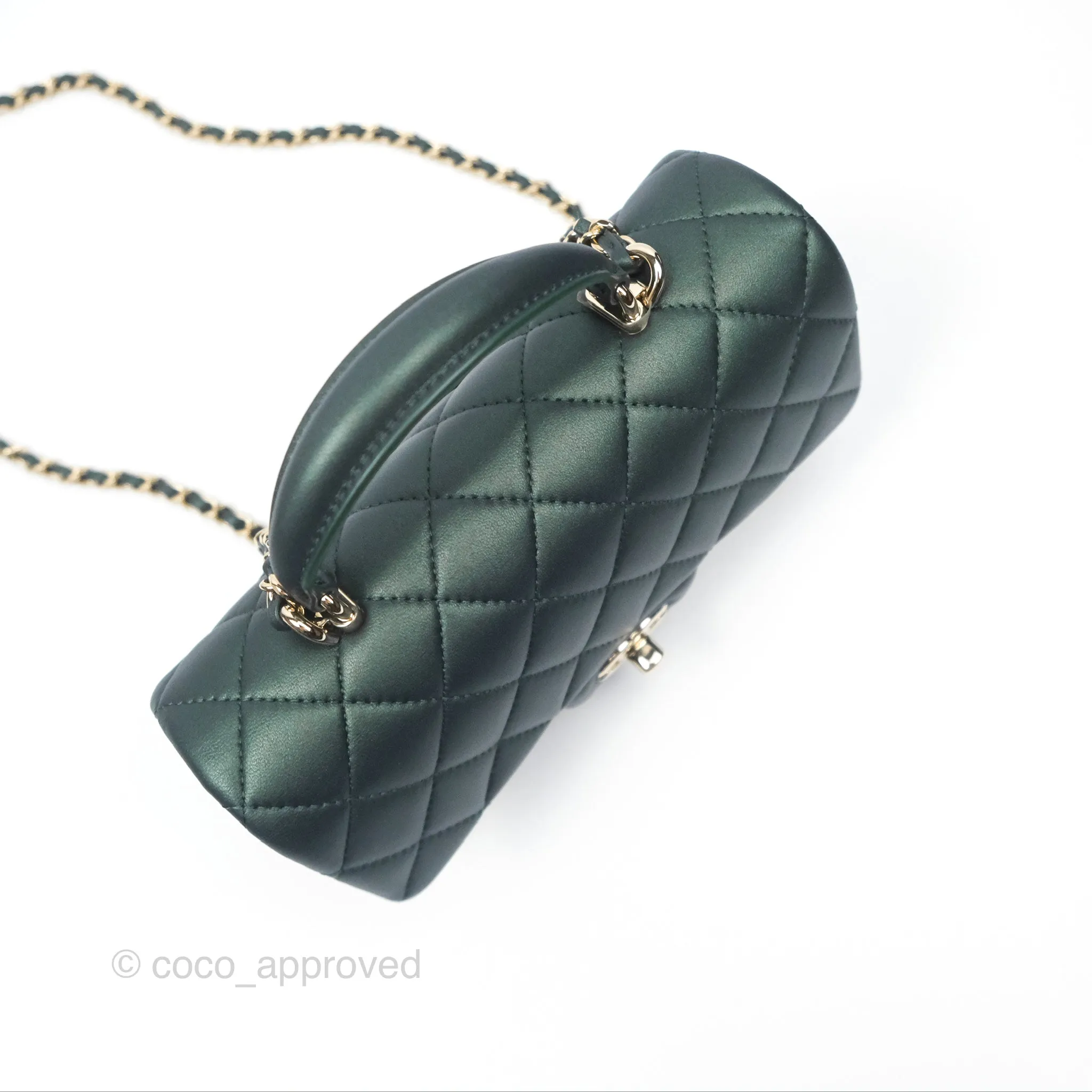 Chanel Top Handle Mini Rectangular Flap Bag Iridescent Dark Green Lambskin Gold Hardware