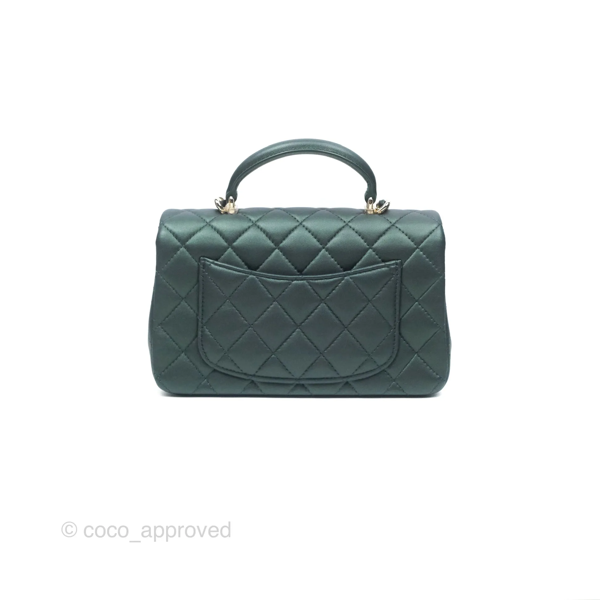 Chanel Top Handle Mini Rectangular Flap Bag Iridescent Dark Green Lambskin Gold Hardware