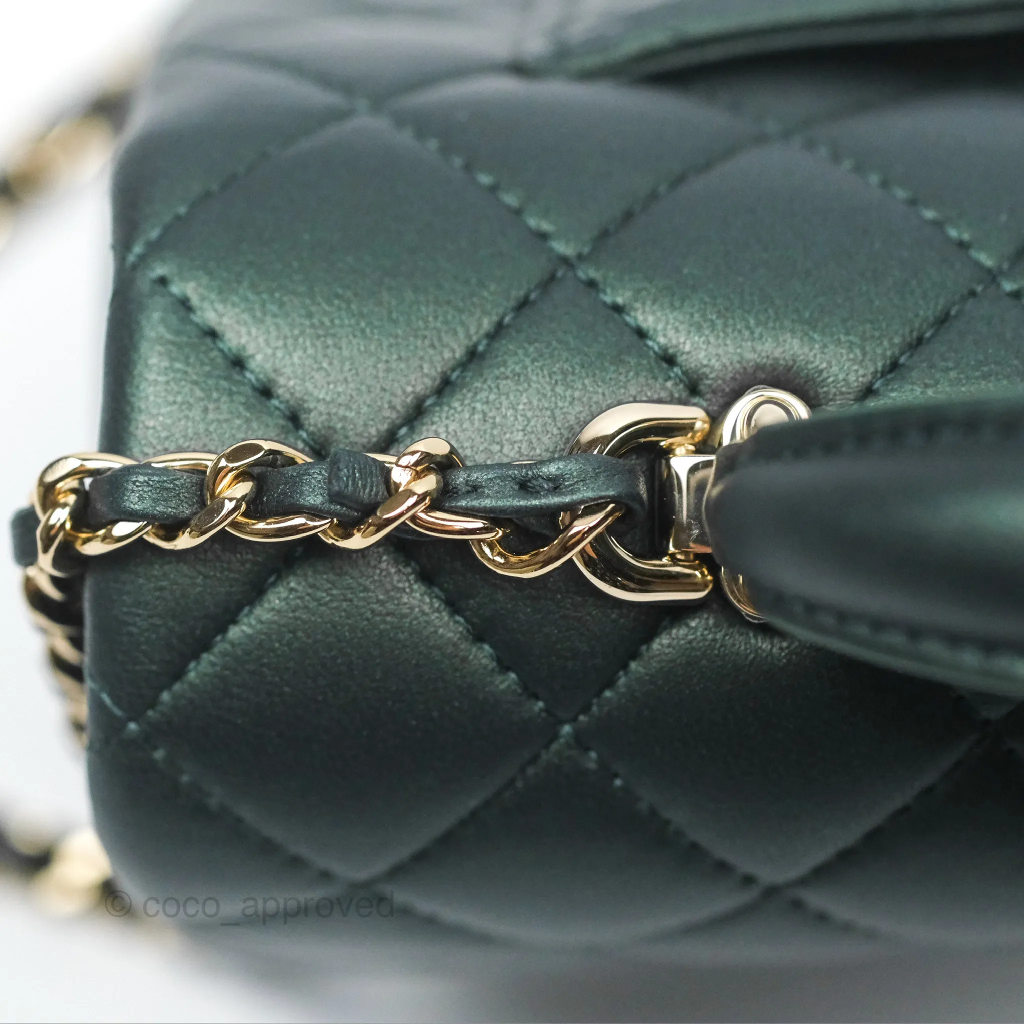 Chanel Top Handle Mini Rectangular Flap Bag Iridescent Dark Green Lambskin Gold Hardware