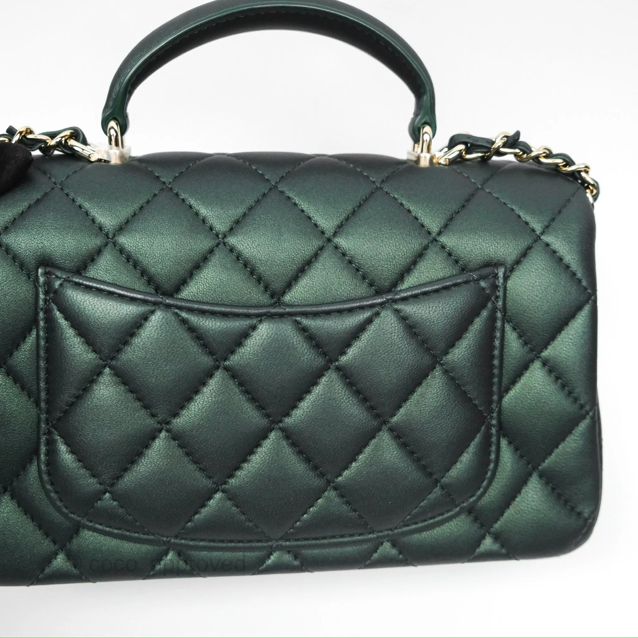 Chanel Top Handle Mini Rectangular Flap Bag Iridescent Dark Green Lambskin Gold Hardware
