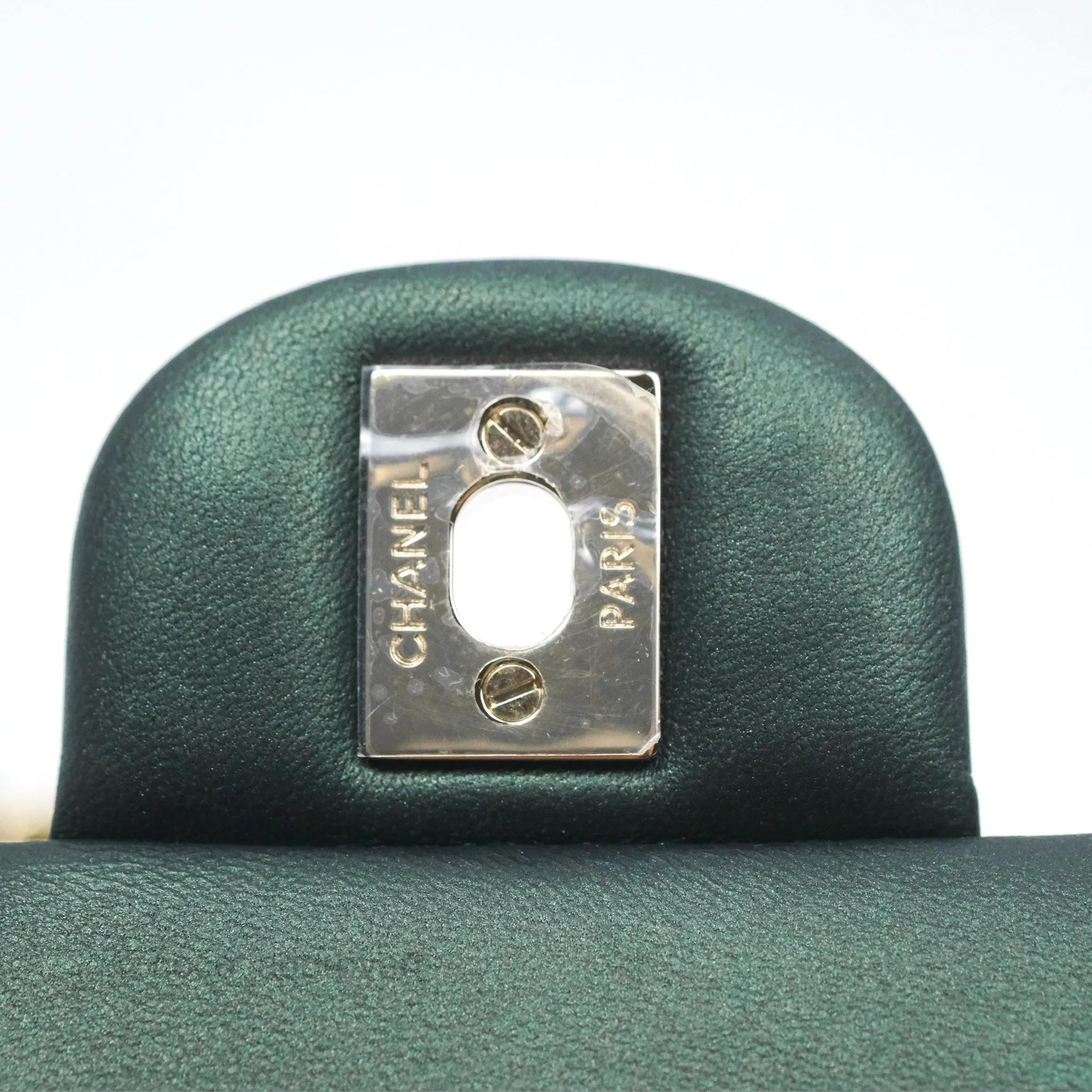 Chanel Top Handle Mini Rectangular Flap Bag Iridescent Dark Green Lambskin Gold Hardware