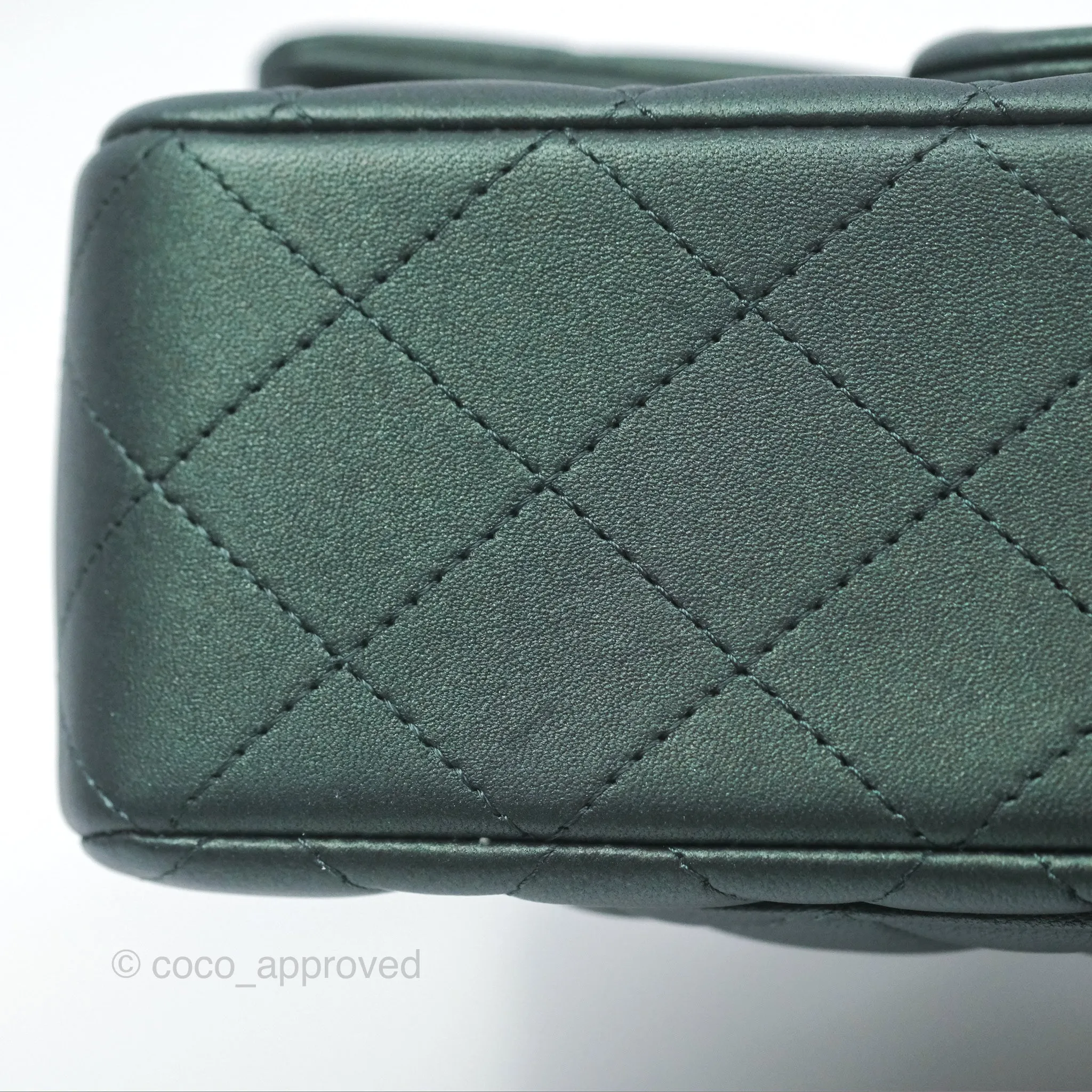 Chanel Top Handle Mini Rectangular Flap Bag Iridescent Dark Green Lambskin Gold Hardware