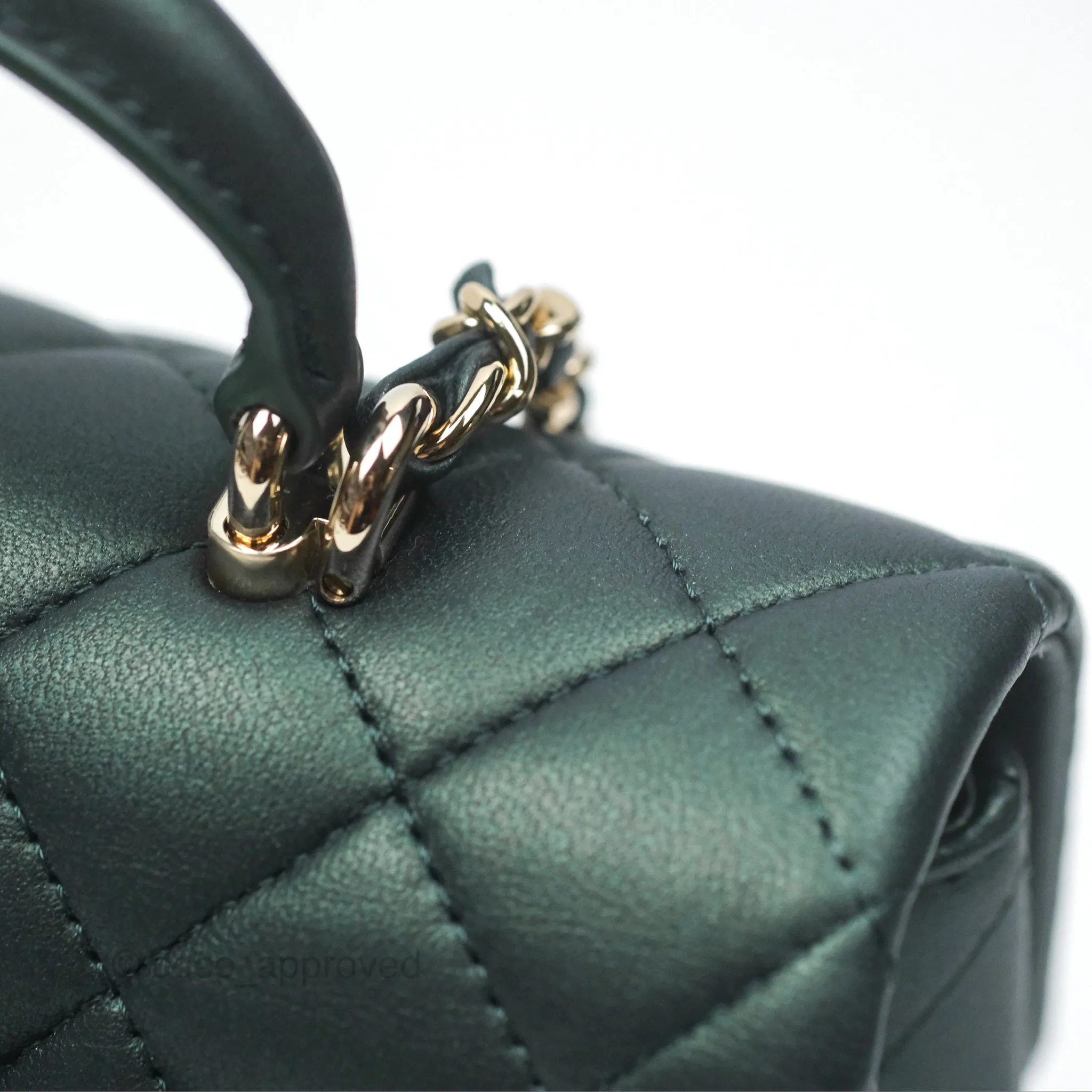 Chanel Top Handle Mini Rectangular Flap Bag Iridescent Dark Green Lambskin Gold Hardware