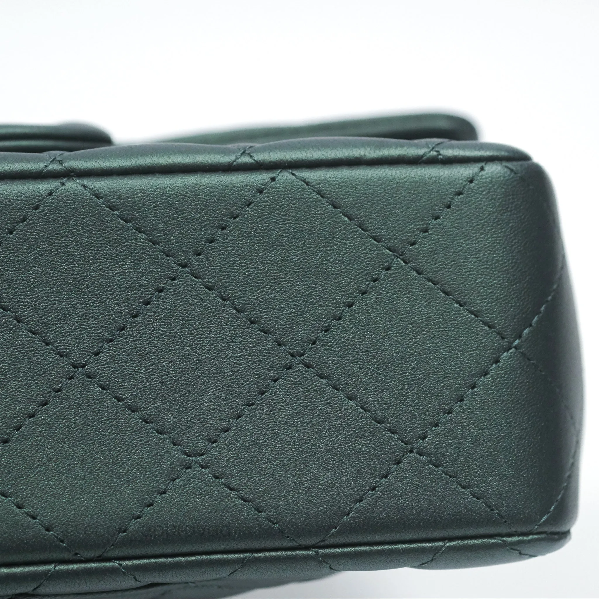 Chanel Top Handle Mini Rectangular Flap Bag Iridescent Dark Green Lambskin Gold Hardware