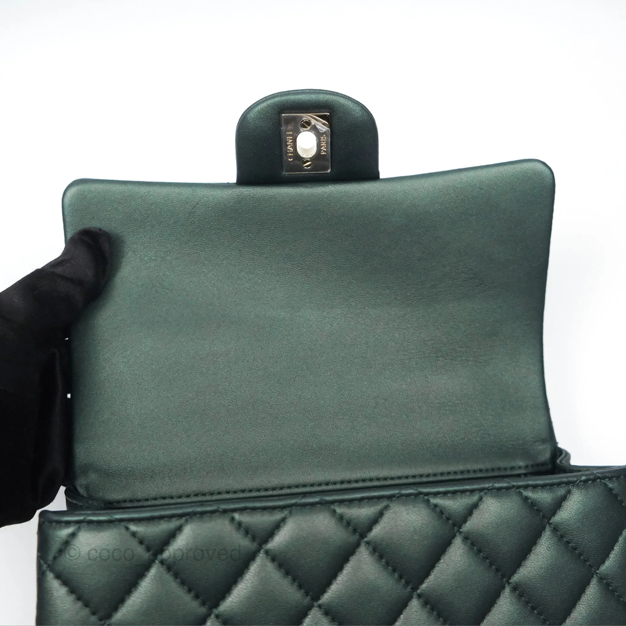 Chanel Top Handle Mini Rectangular Flap Bag Iridescent Dark Green Lambskin Gold Hardware