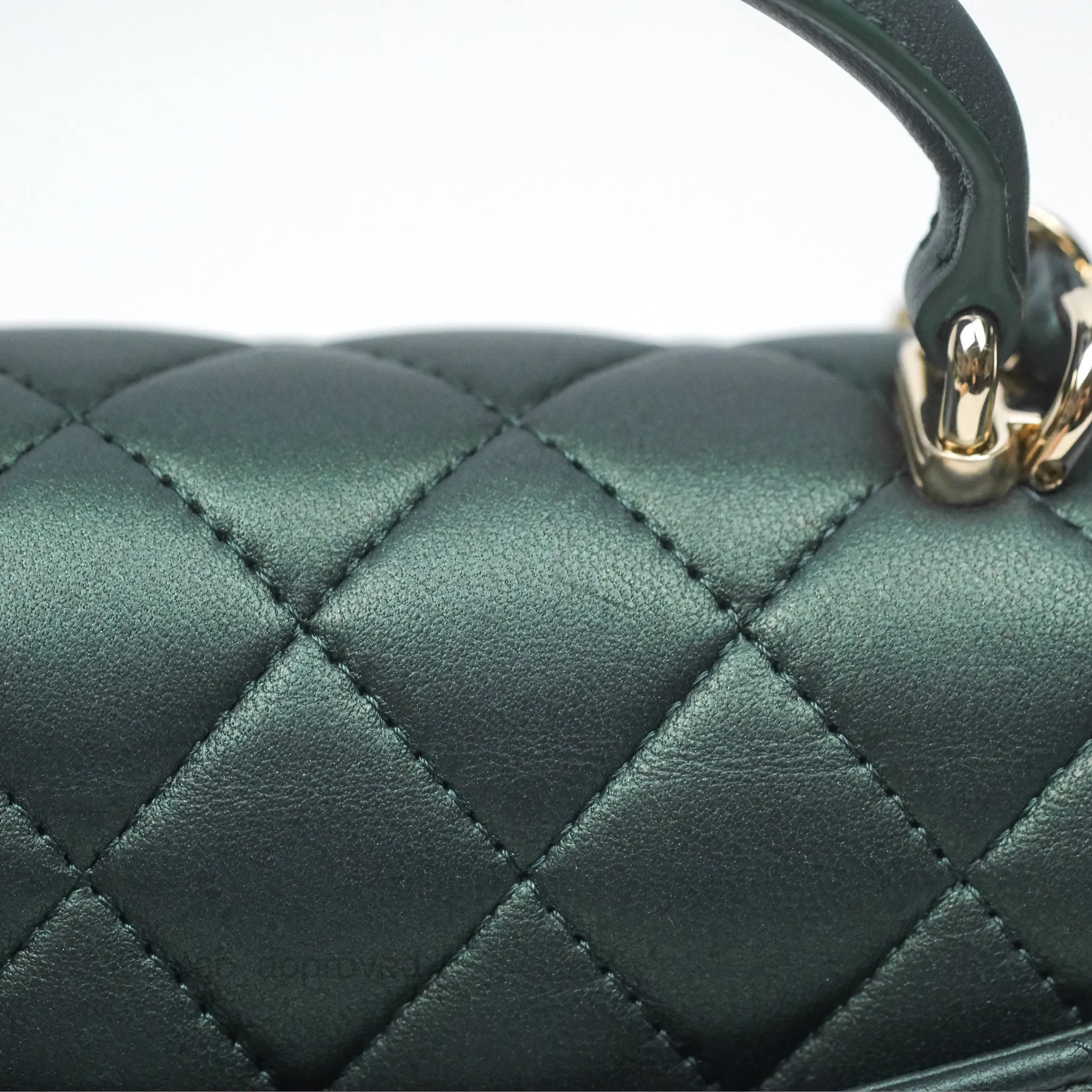 Chanel Top Handle Mini Rectangular Flap Bag Iridescent Dark Green Lambskin Gold Hardware