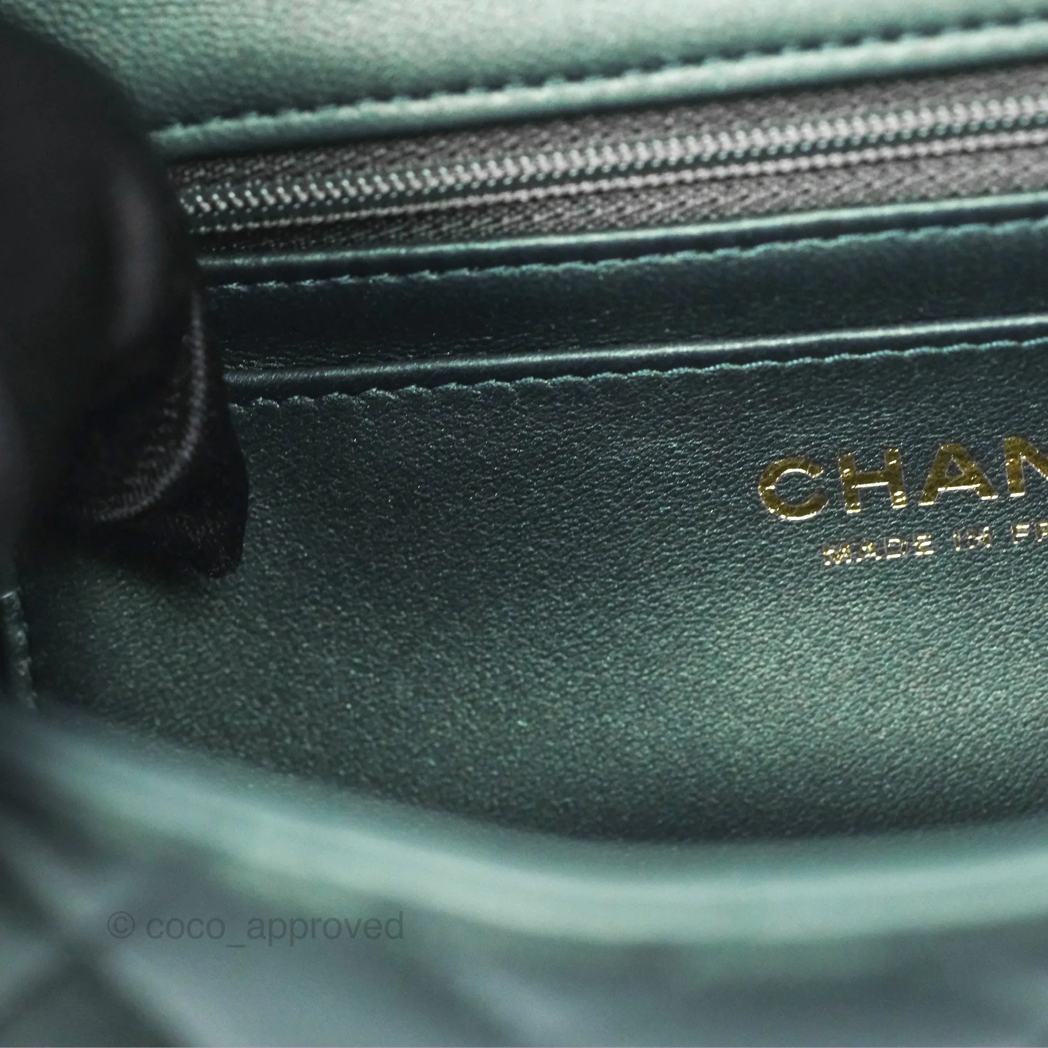 Chanel Top Handle Mini Rectangular Flap Bag Iridescent Dark Green Lambskin Gold Hardware