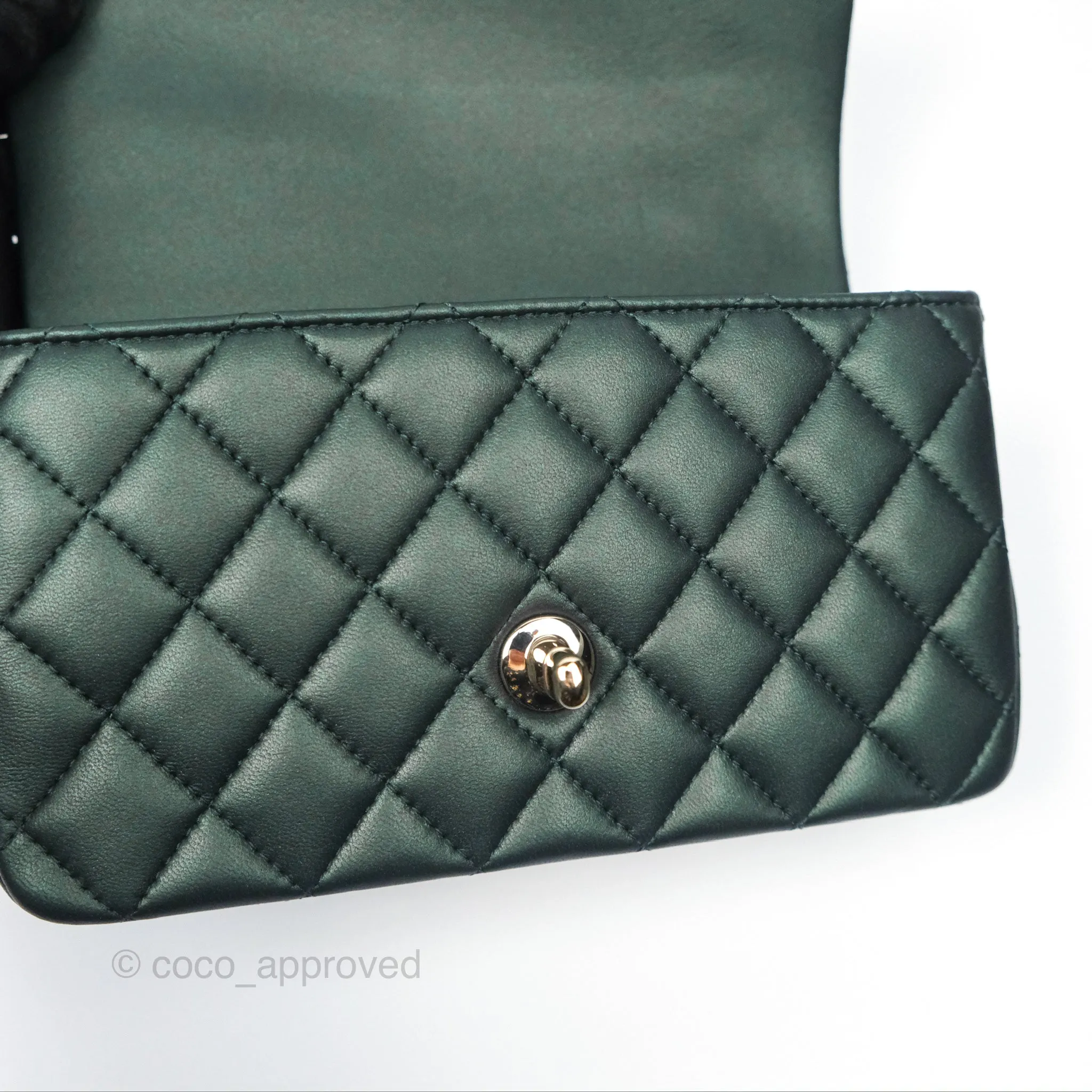 Chanel Top Handle Mini Rectangular Flap Bag Iridescent Dark Green Lambskin Gold Hardware