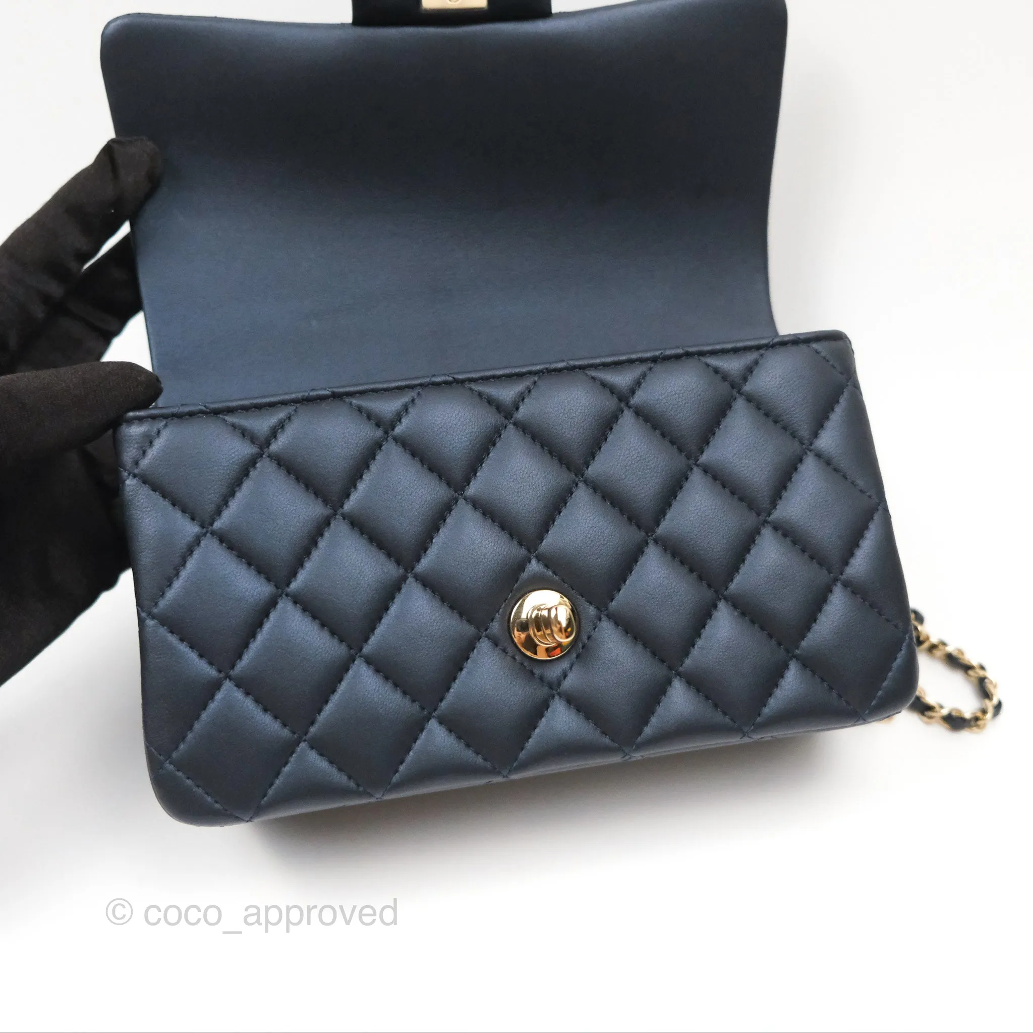 Chanel Top Handle Mini Rectangular Flap Bag Iridescent Navy Lambskin Gold Hardware