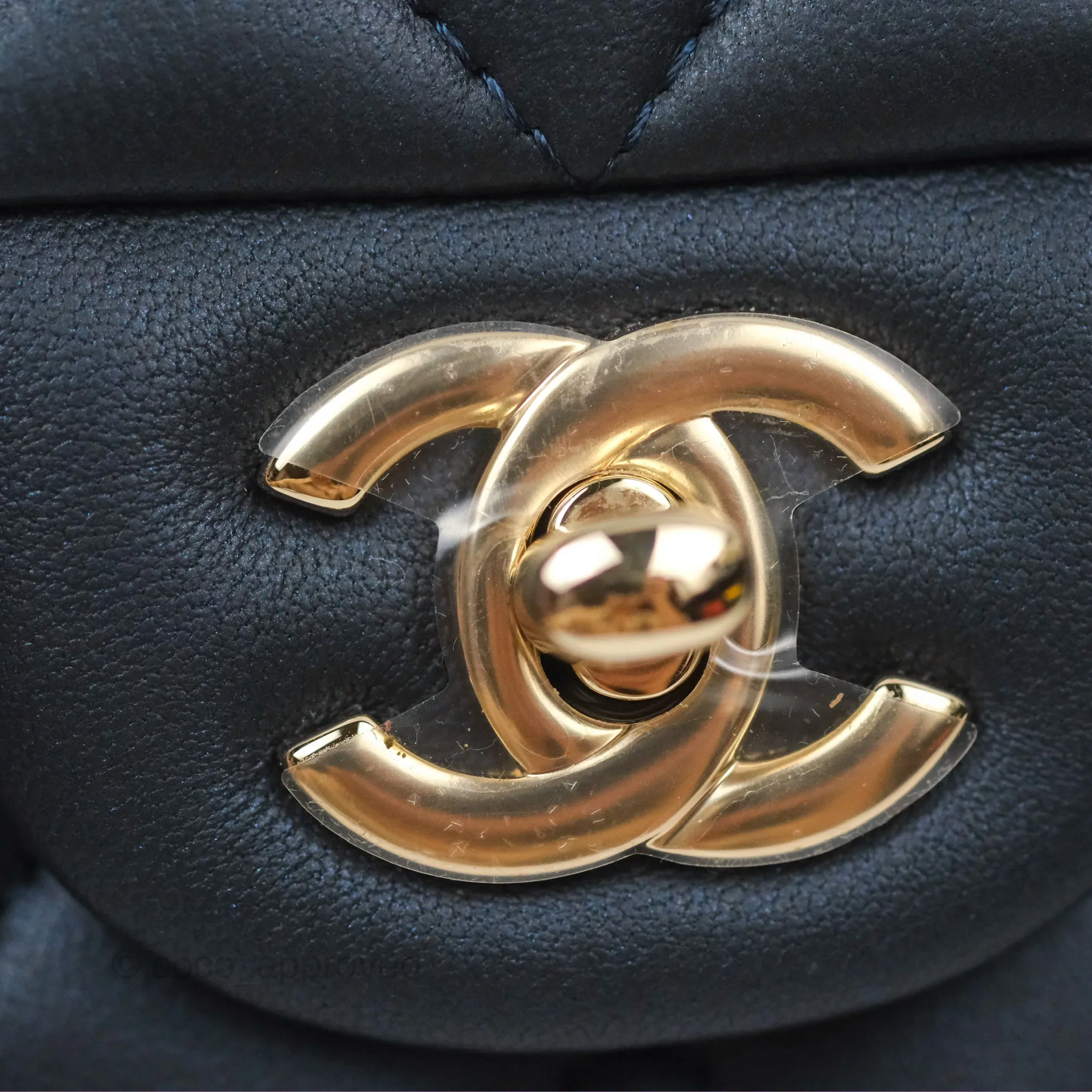 Chanel Top Handle Mini Rectangular Flap Bag Iridescent Navy Lambskin Gold Hardware