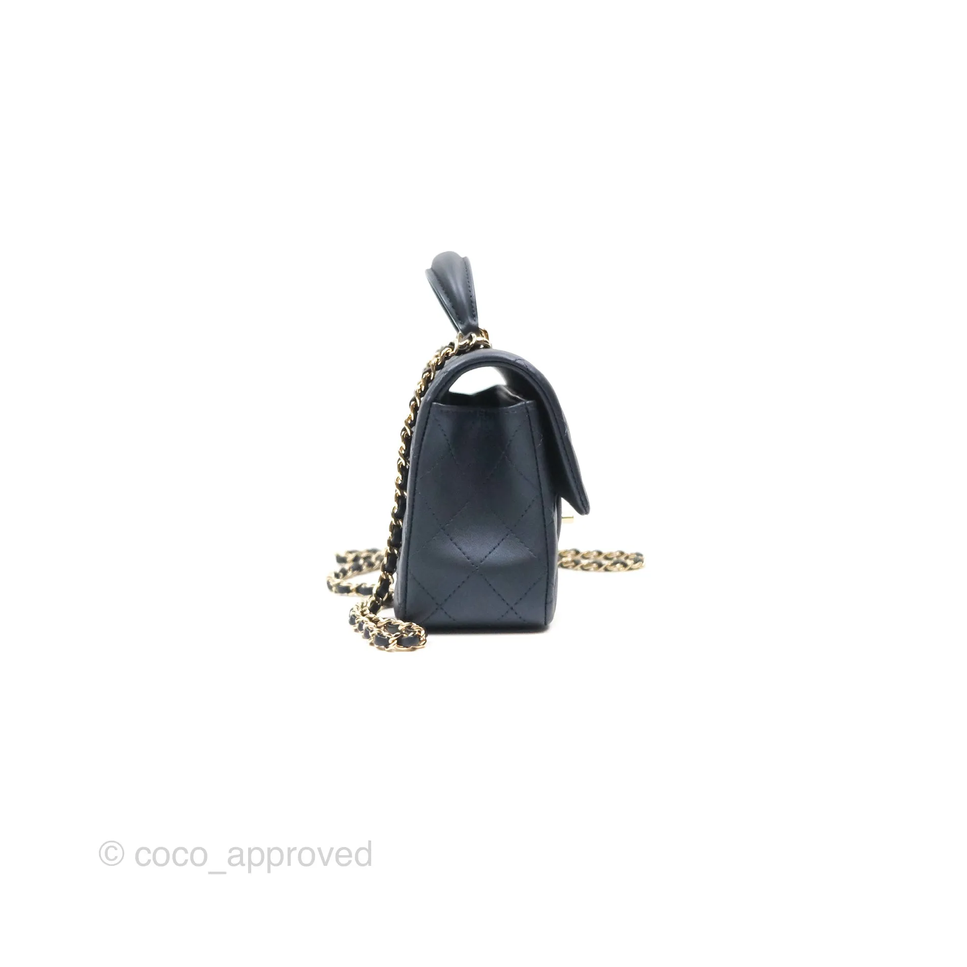 Chanel Top Handle Mini Rectangular Flap Bag Iridescent Navy Lambskin Gold Hardware