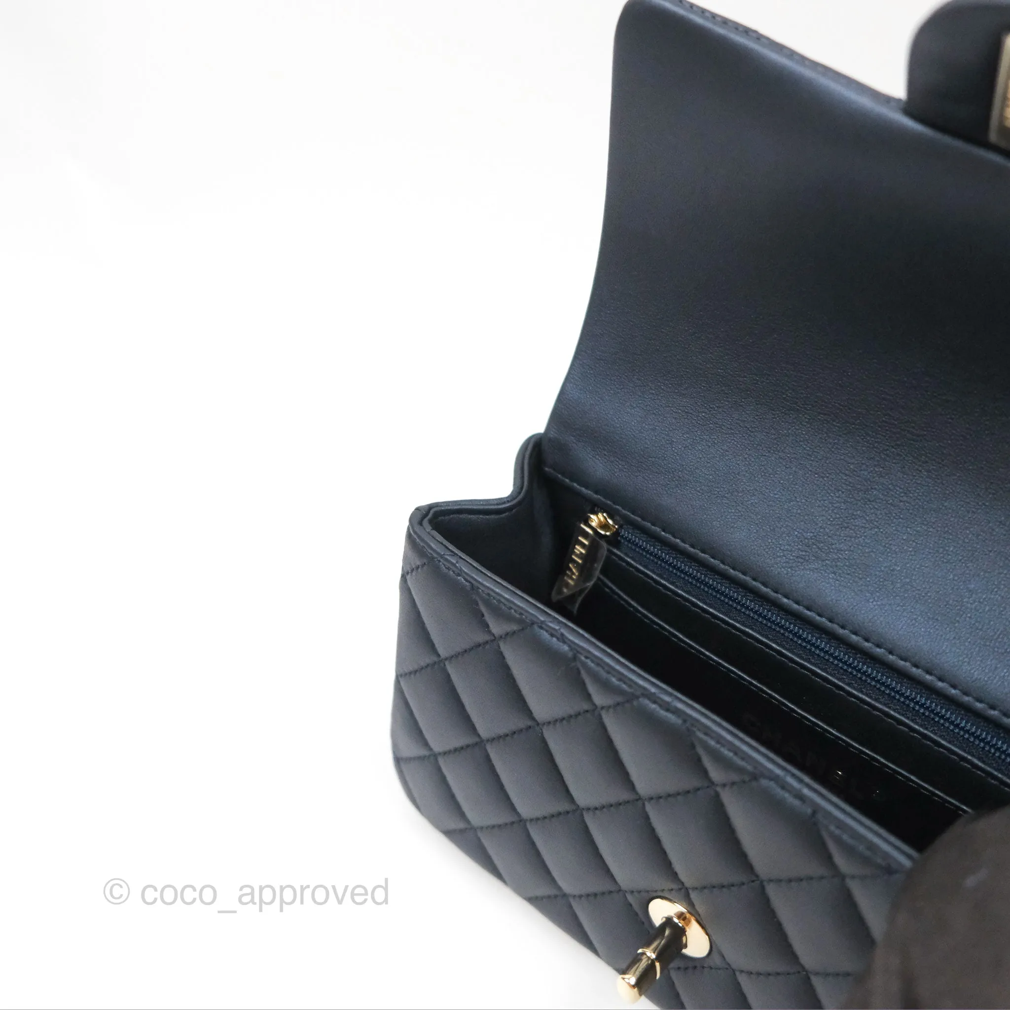 Chanel Top Handle Mini Rectangular Flap Bag Iridescent Navy Lambskin Gold Hardware