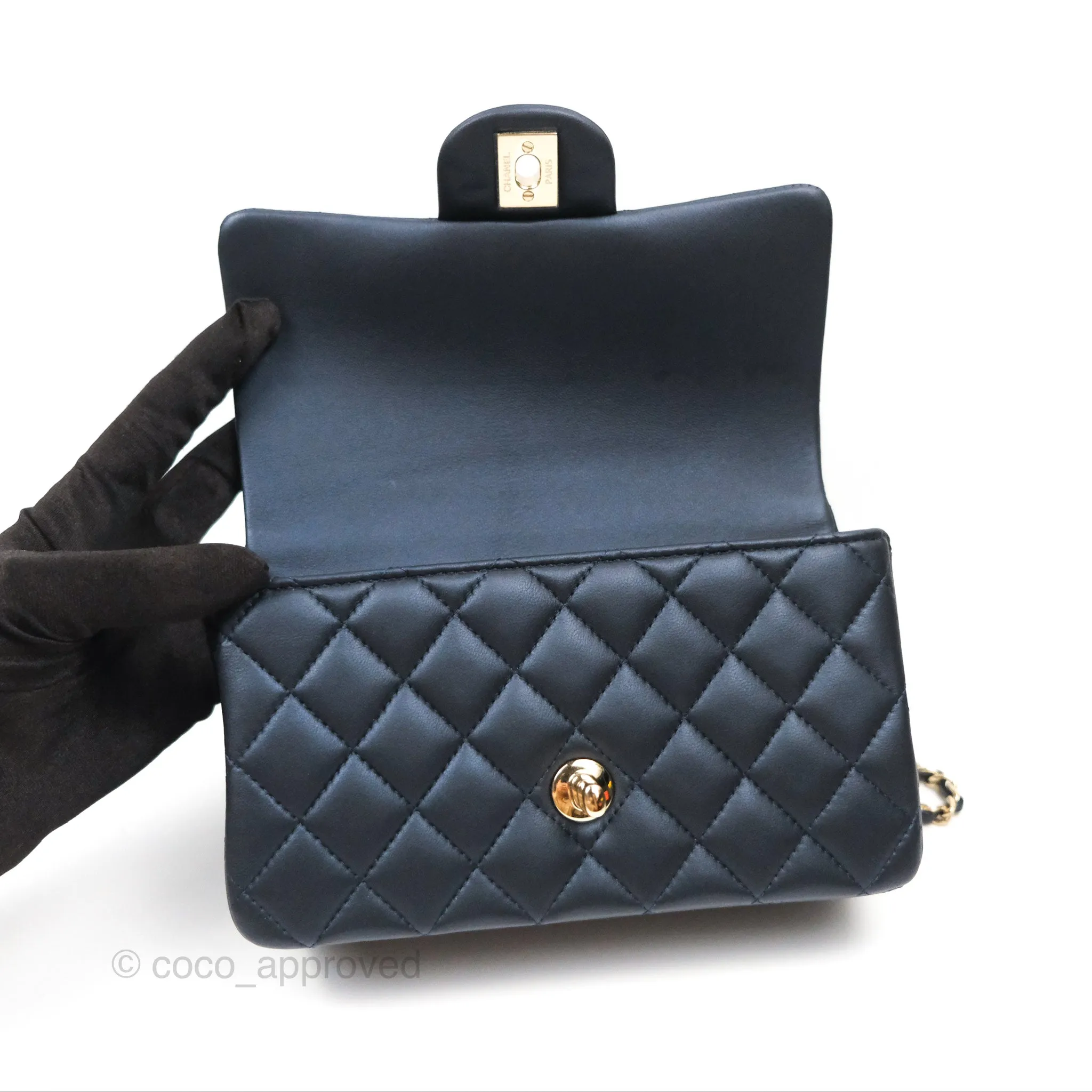 Chanel Top Handle Mini Rectangular Flap Bag Iridescent Navy Lambskin Gold Hardware