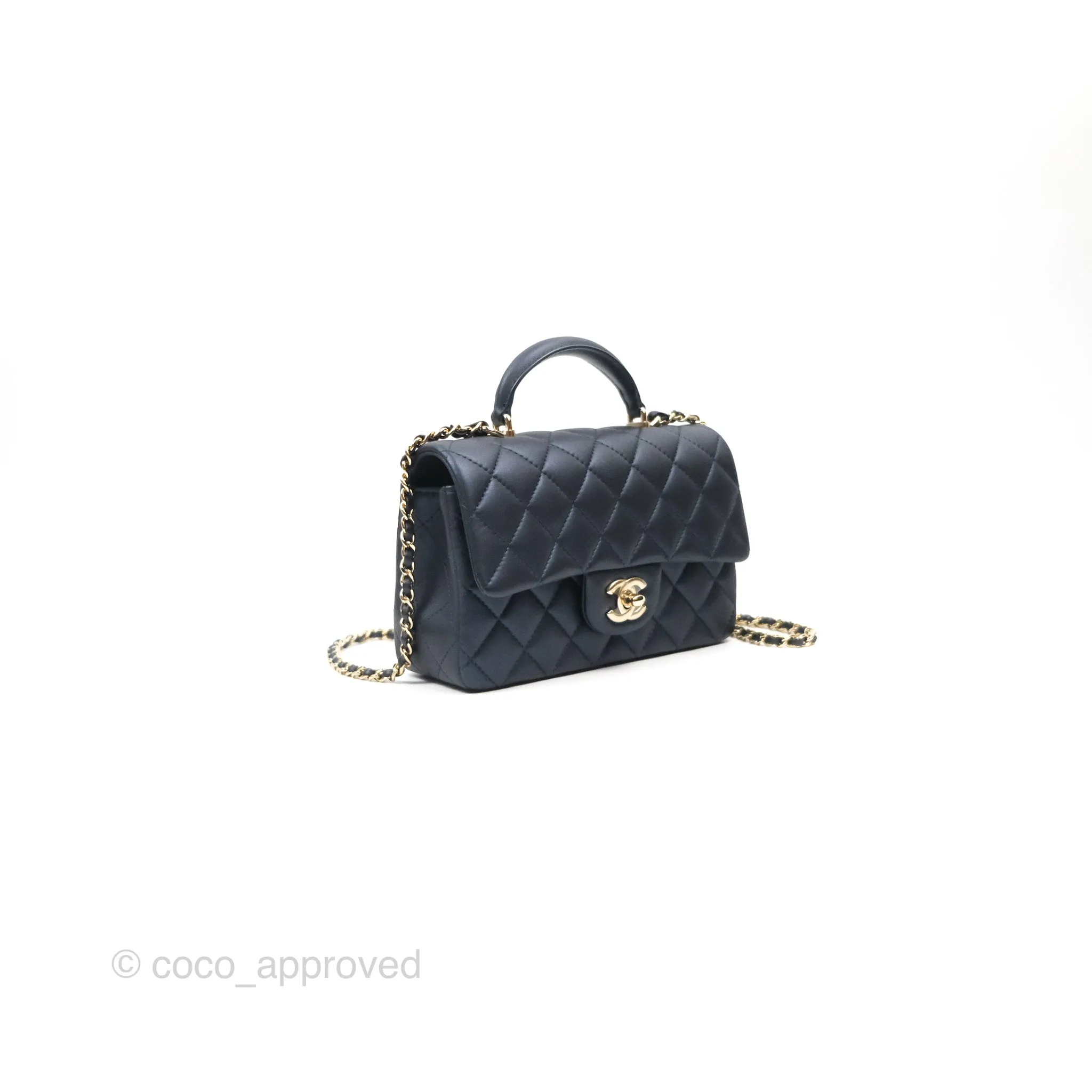 Chanel Top Handle Mini Rectangular Flap Bag Iridescent Navy Lambskin Gold Hardware