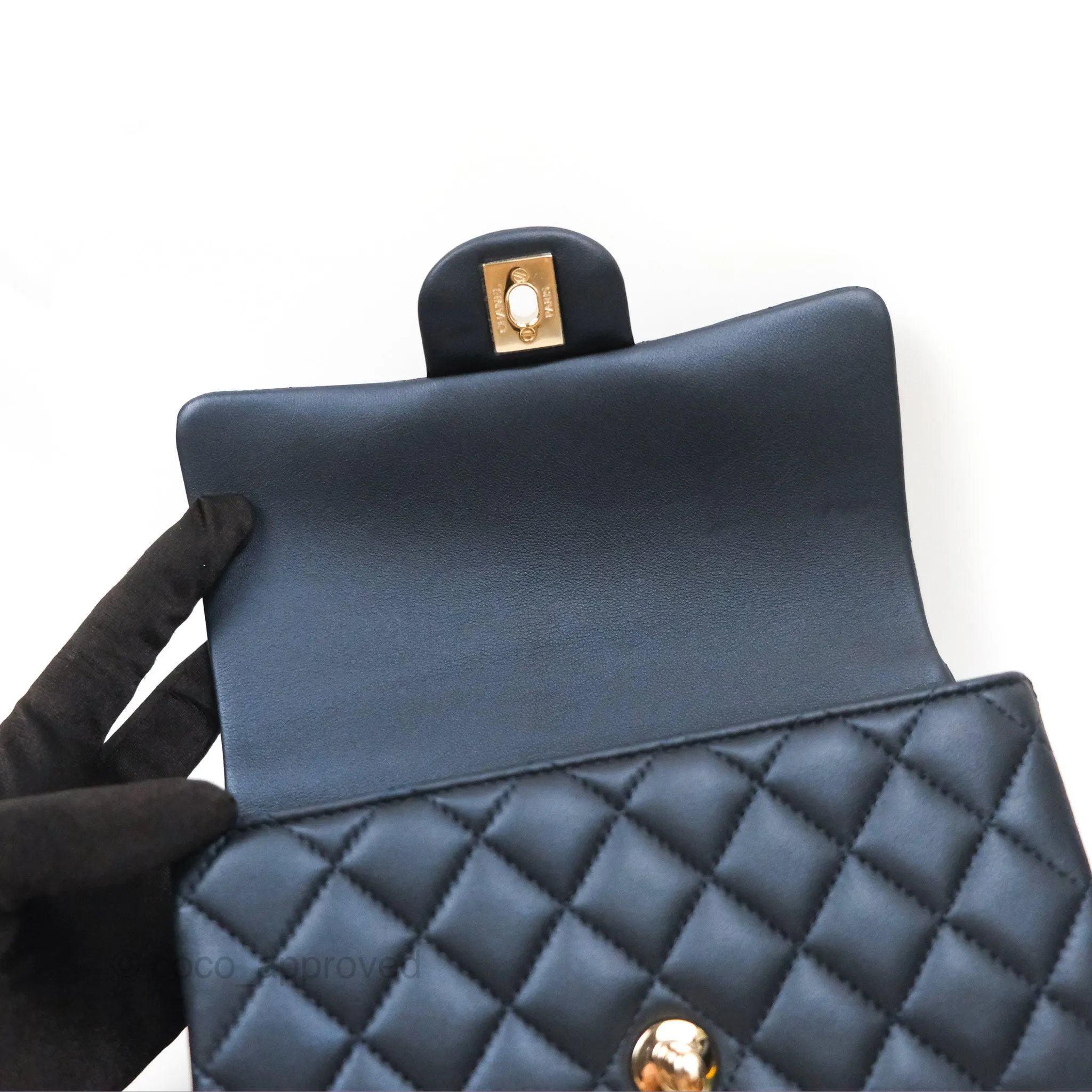 Chanel Top Handle Mini Rectangular Flap Bag Iridescent Navy Lambskin Gold Hardware