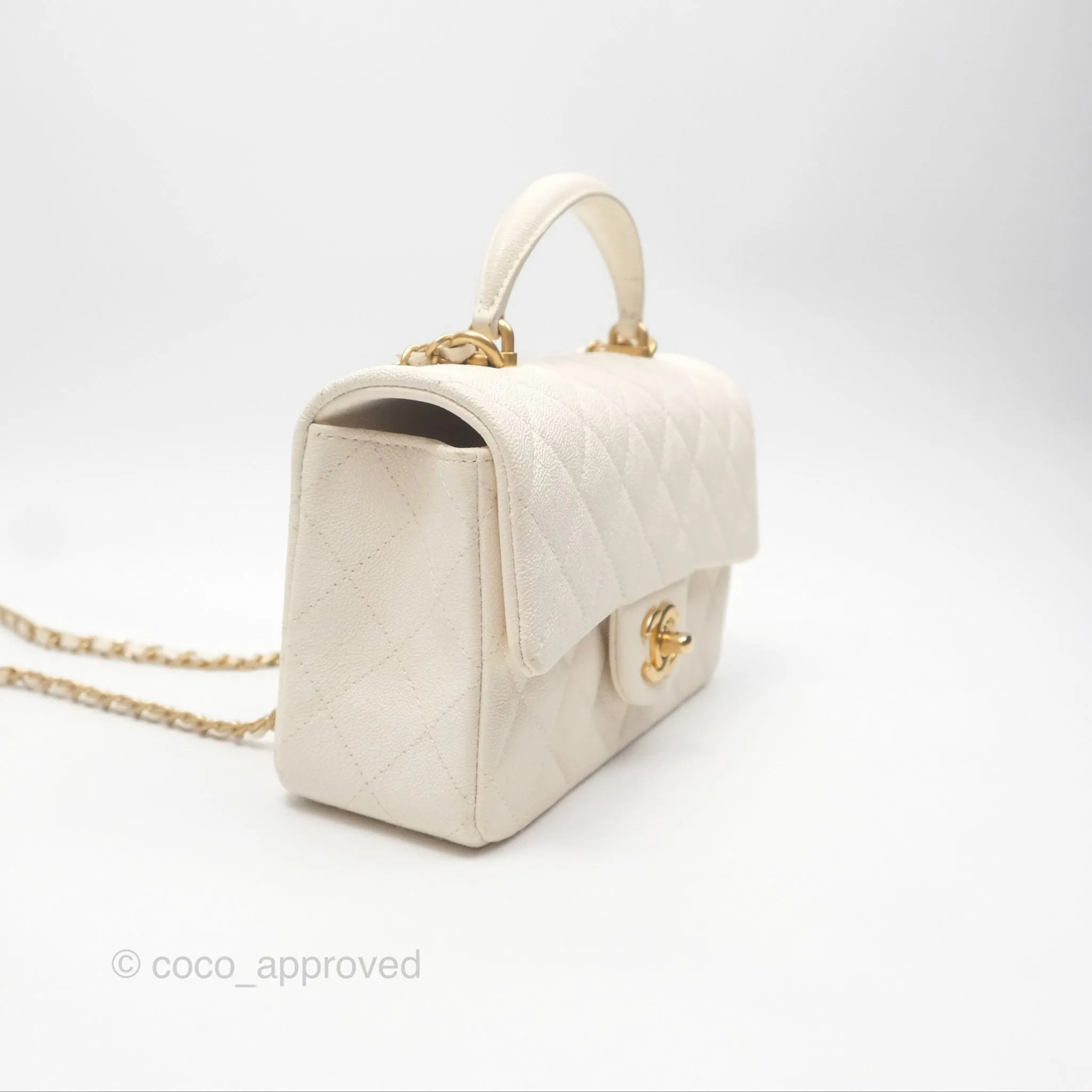Chanel Top Handle Mini Rectangular Flap Bag Ivory White Caviar Aged Gold Hardware