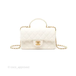 Chanel Top Handle Mini Rectangular Flap Bag Ivory White Caviar Aged Gold Hardware