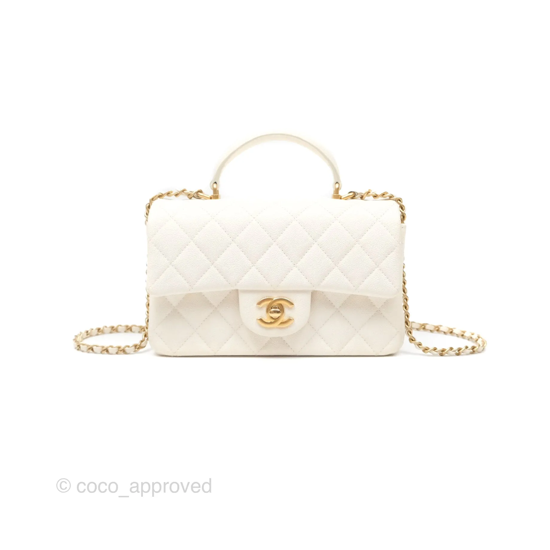 Chanel Top Handle Mini Rectangular Flap Bag Ivory White Caviar Aged Gold Hardware