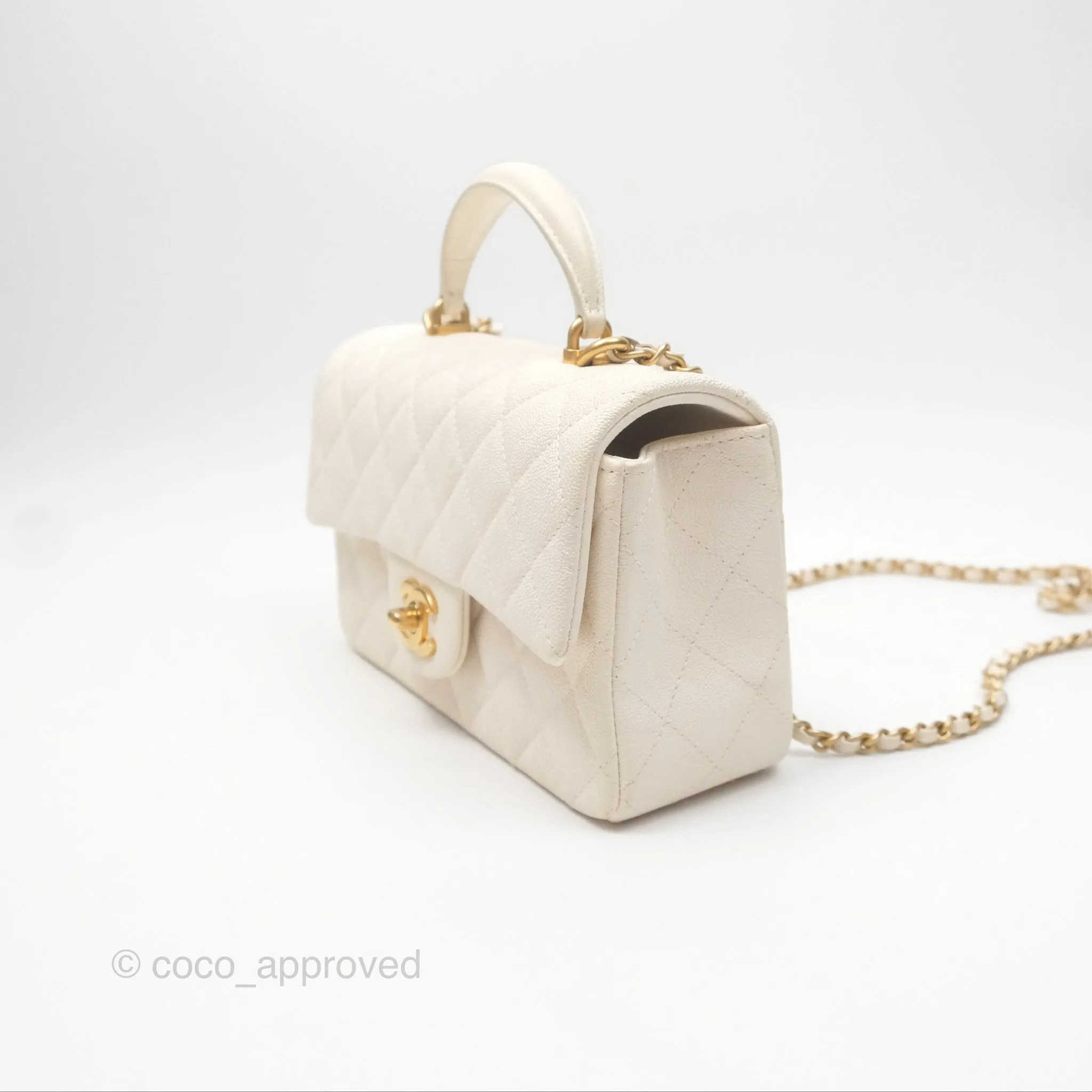 Chanel Top Handle Mini Rectangular Flap Bag Ivory White Caviar Aged Gold Hardware