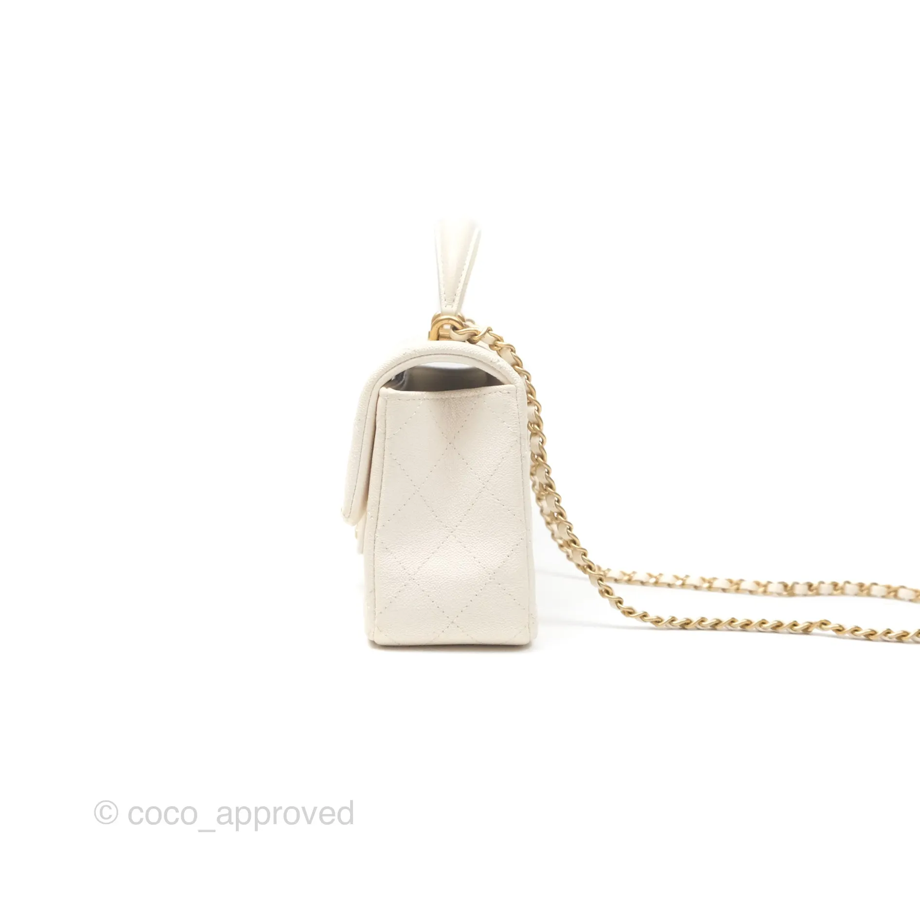 Chanel Top Handle Mini Rectangular Flap Bag Ivory White Caviar Aged Gold Hardware