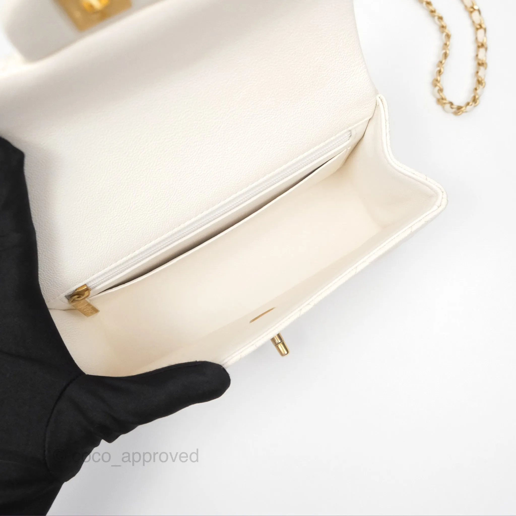 Chanel Top Handle Mini Rectangular Flap Bag Ivory White Caviar Aged Gold Hardware
