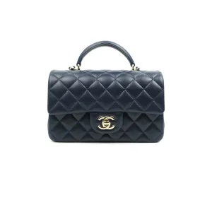 Chanel Top Handle Mini Rectangular Flap Bag Navy Lambskin Gold Hardware
