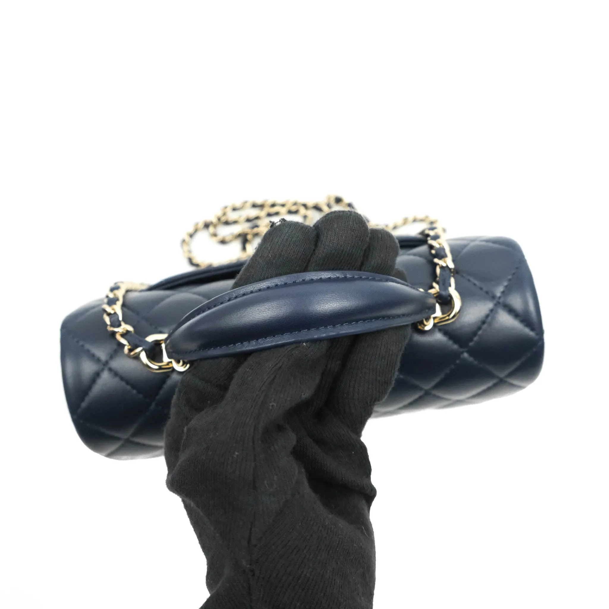 Chanel Top Handle Mini Rectangular Flap Bag Navy Lambskin Gold Hardware