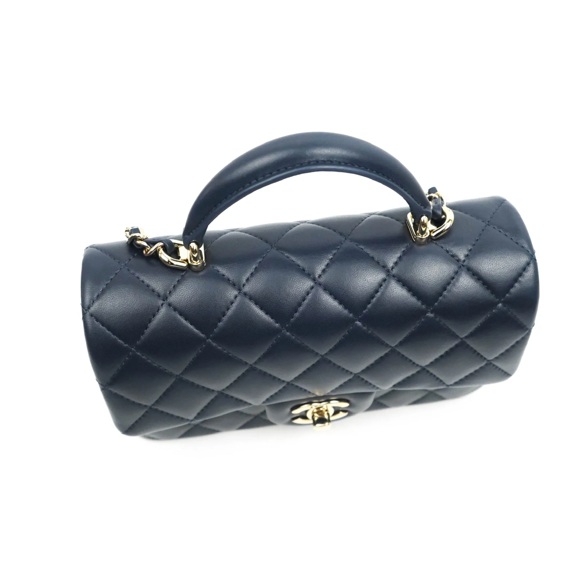 Chanel Top Handle Mini Rectangular Flap Bag Navy Lambskin Gold Hardware