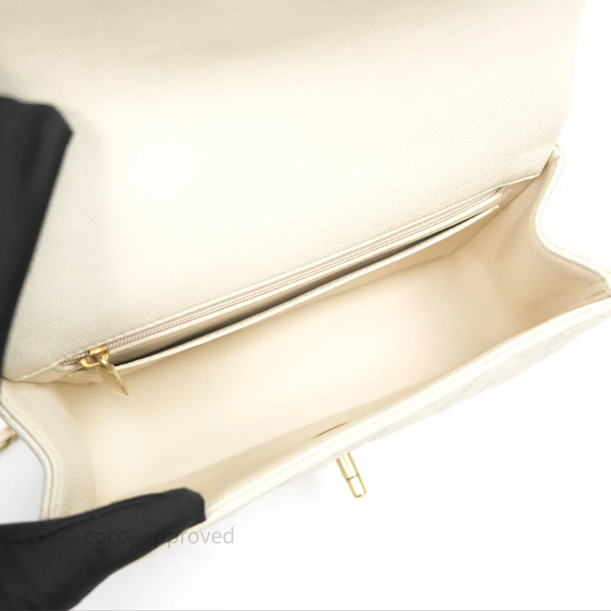 Chanel Top Handle Mini Rectangular Flap Ivory Caviar Aged Gold Hardware