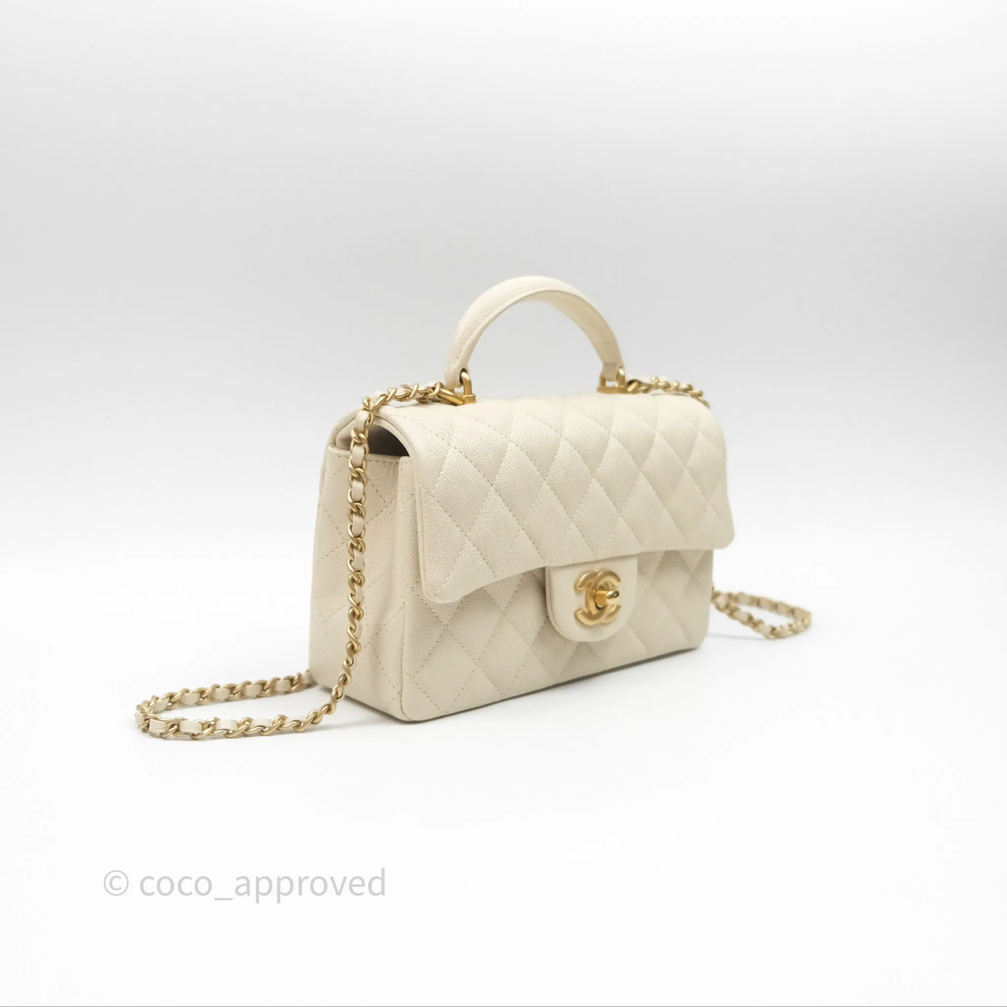 Chanel Top Handle Mini Rectangular Flap Ivory Caviar Aged Gold Hardware