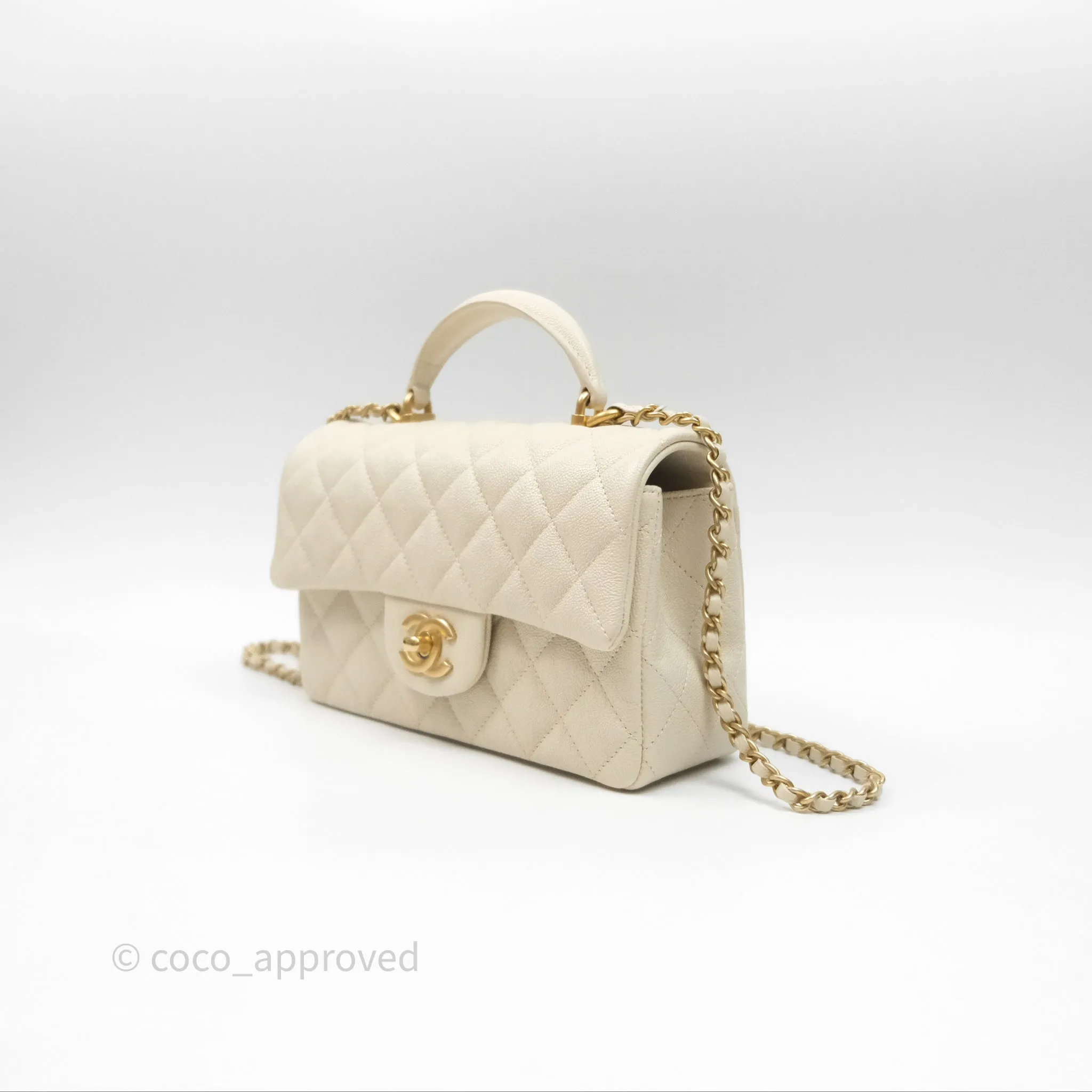 Chanel Top Handle Mini Rectangular Flap Ivory Caviar Aged Gold Hardware