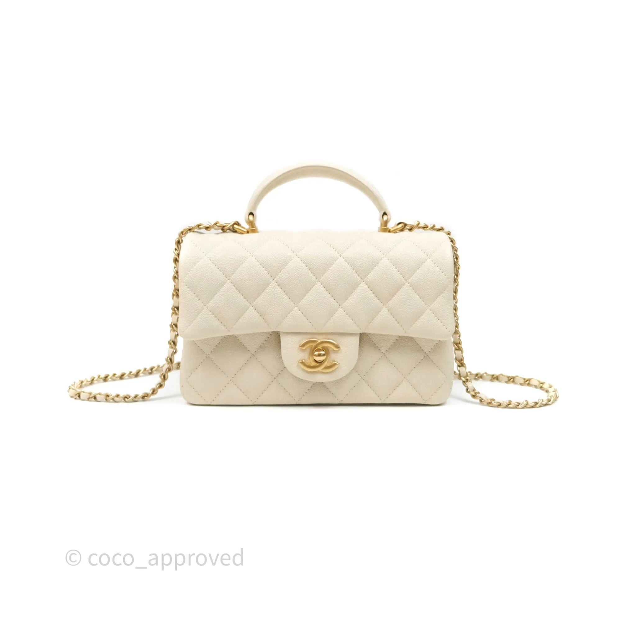 Chanel Top Handle Mini Rectangular Flap Ivory Caviar Aged Gold Hardware