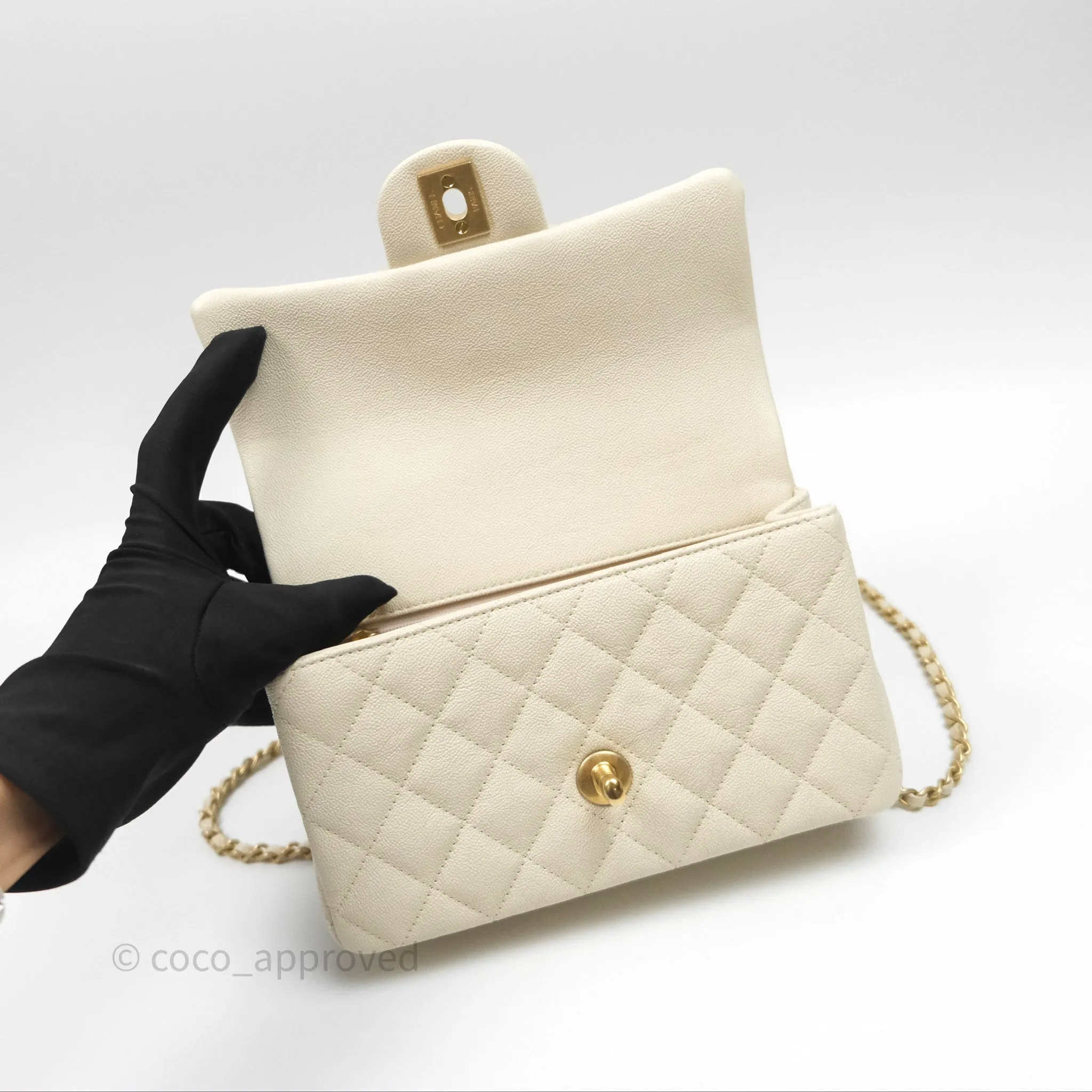 Chanel Top Handle Mini Rectangular Flap Ivory Caviar Aged Gold Hardware