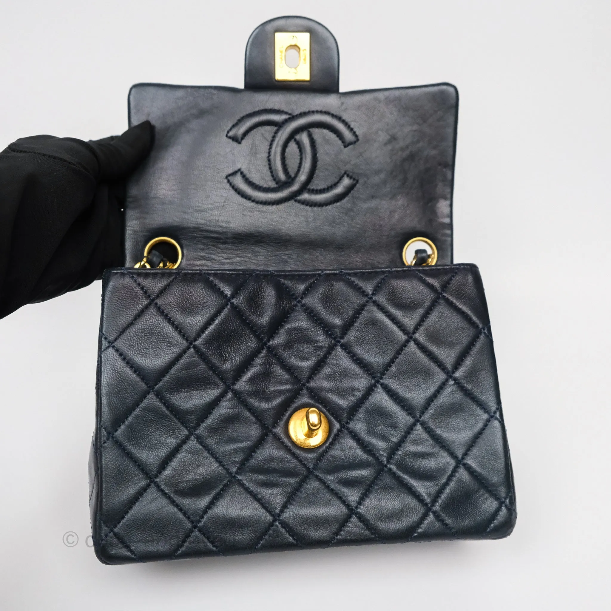 Chanel Vintage Mini Square Navy Lambskin 24K Gold Hardware