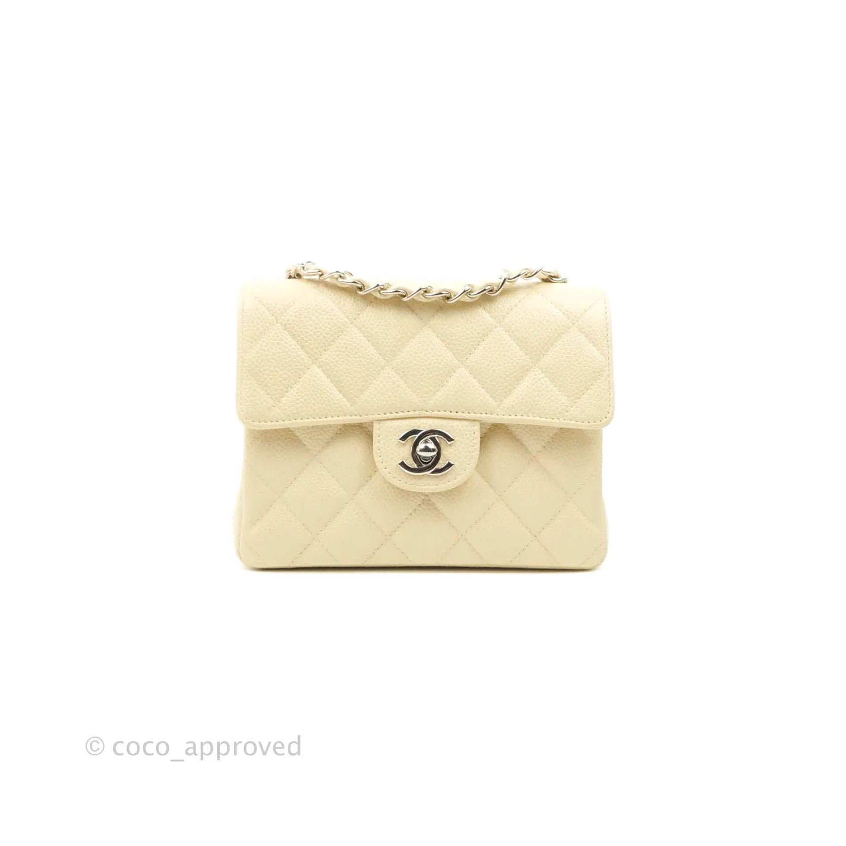 Chanel Vintage Quilted Mini Square Flap Pale Beige Caviar Silver Hardware