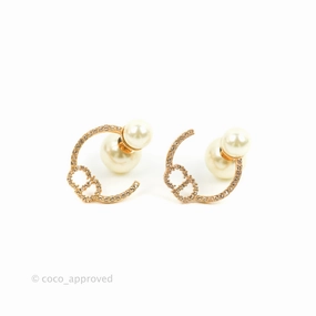Christian Dior CD Crystal Pearl Hoop Earrings Pink Gold Tone