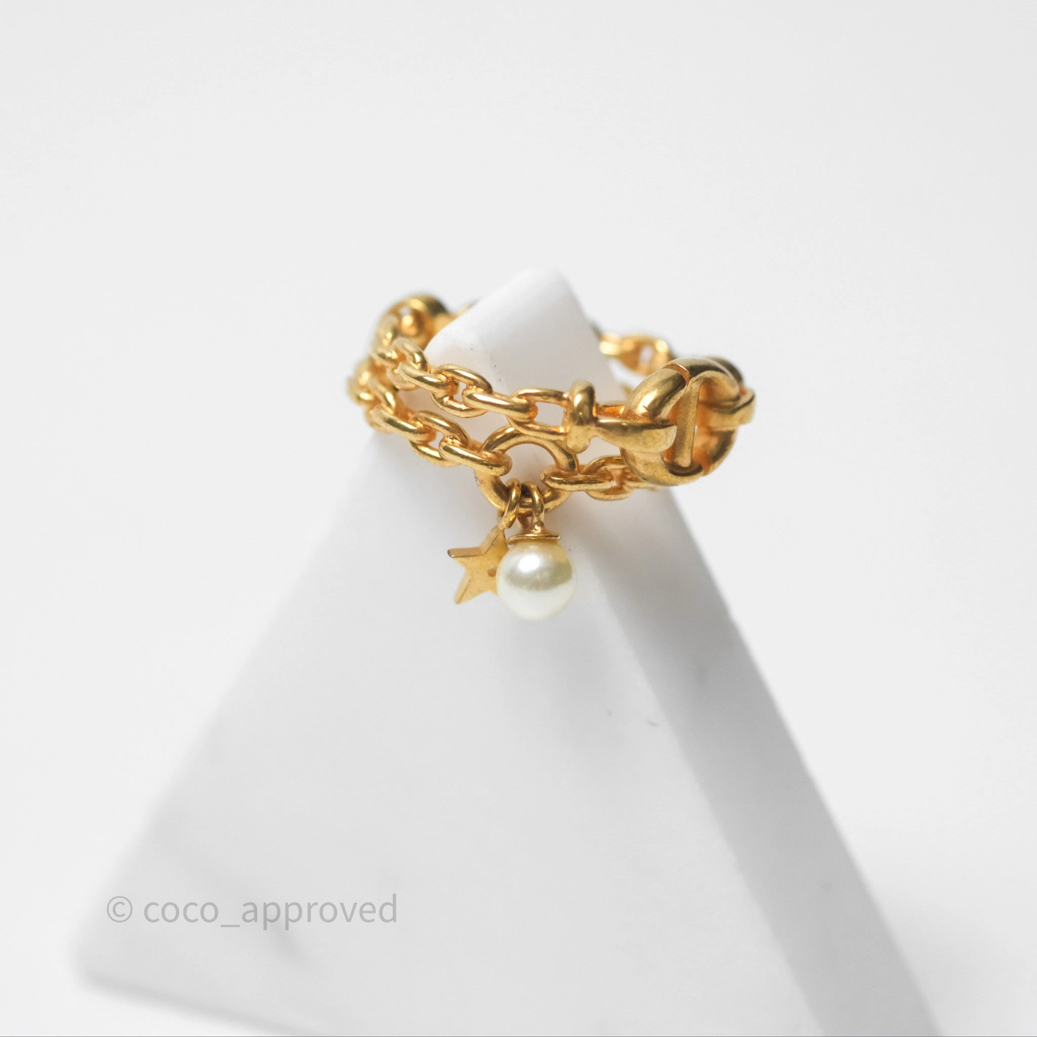 Christian Dior CD Double Chain Star Pearl Ring Gold Tone