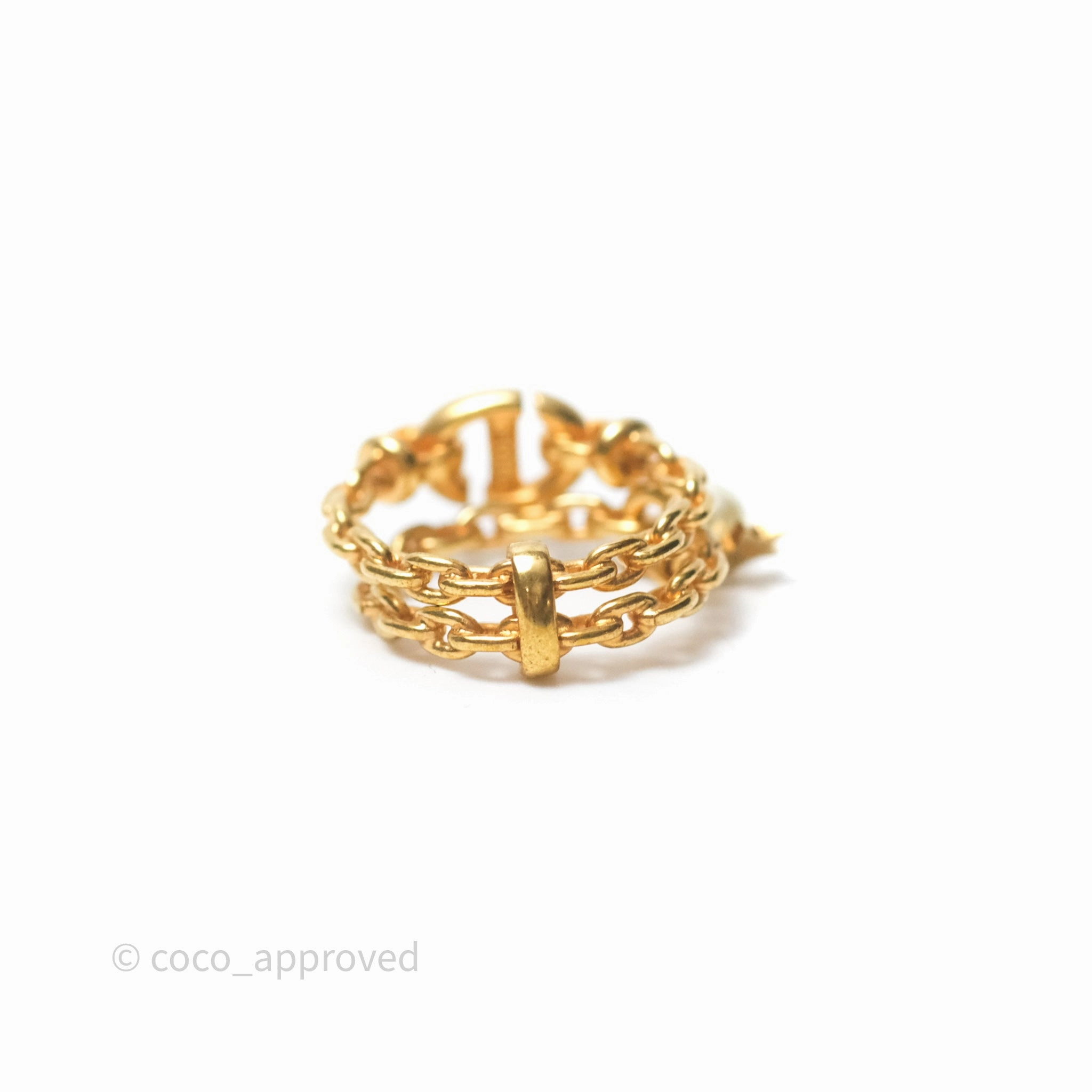 Christian Dior CD Double Chain Star Pearl Ring Gold Tone