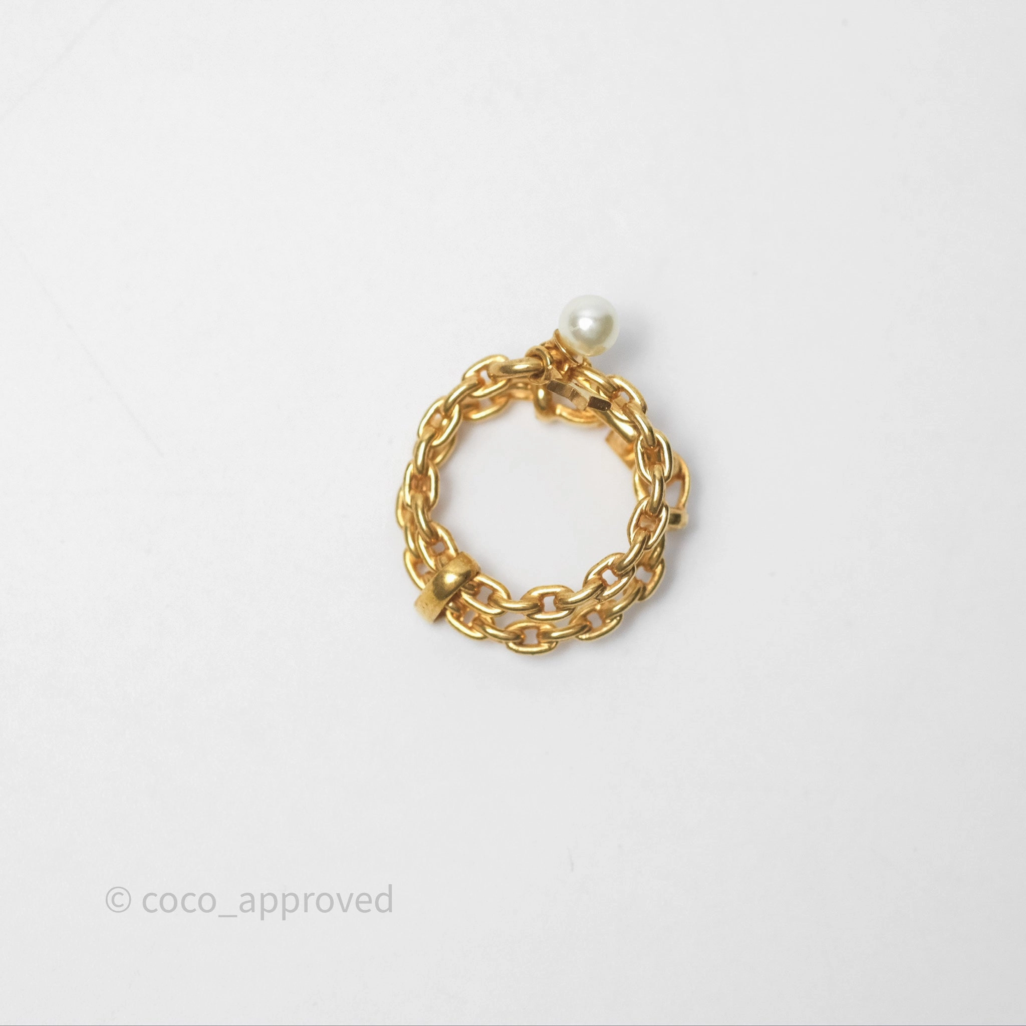 Christian Dior CD Double Chain Star Pearl Ring Gold Tone