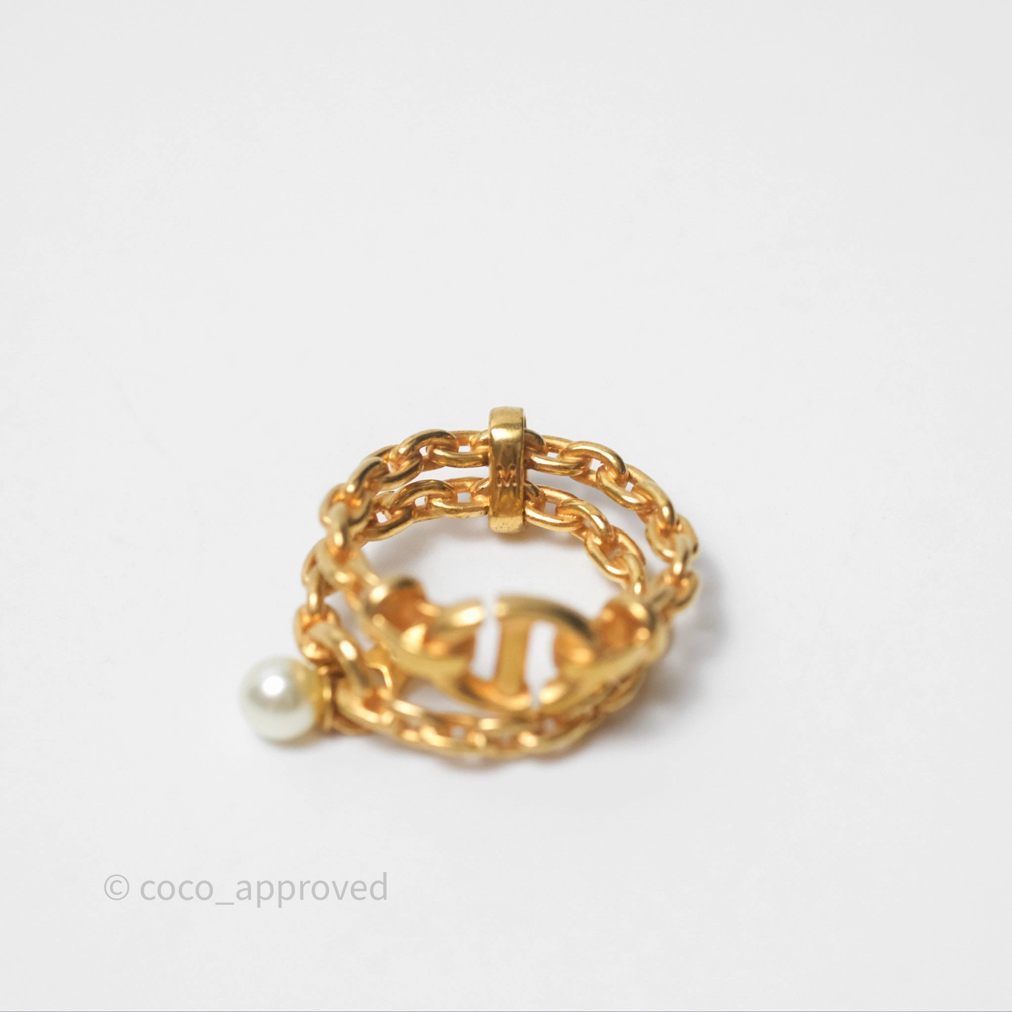 Christian Dior CD Double Chain Star Pearl Ring Gold Tone
