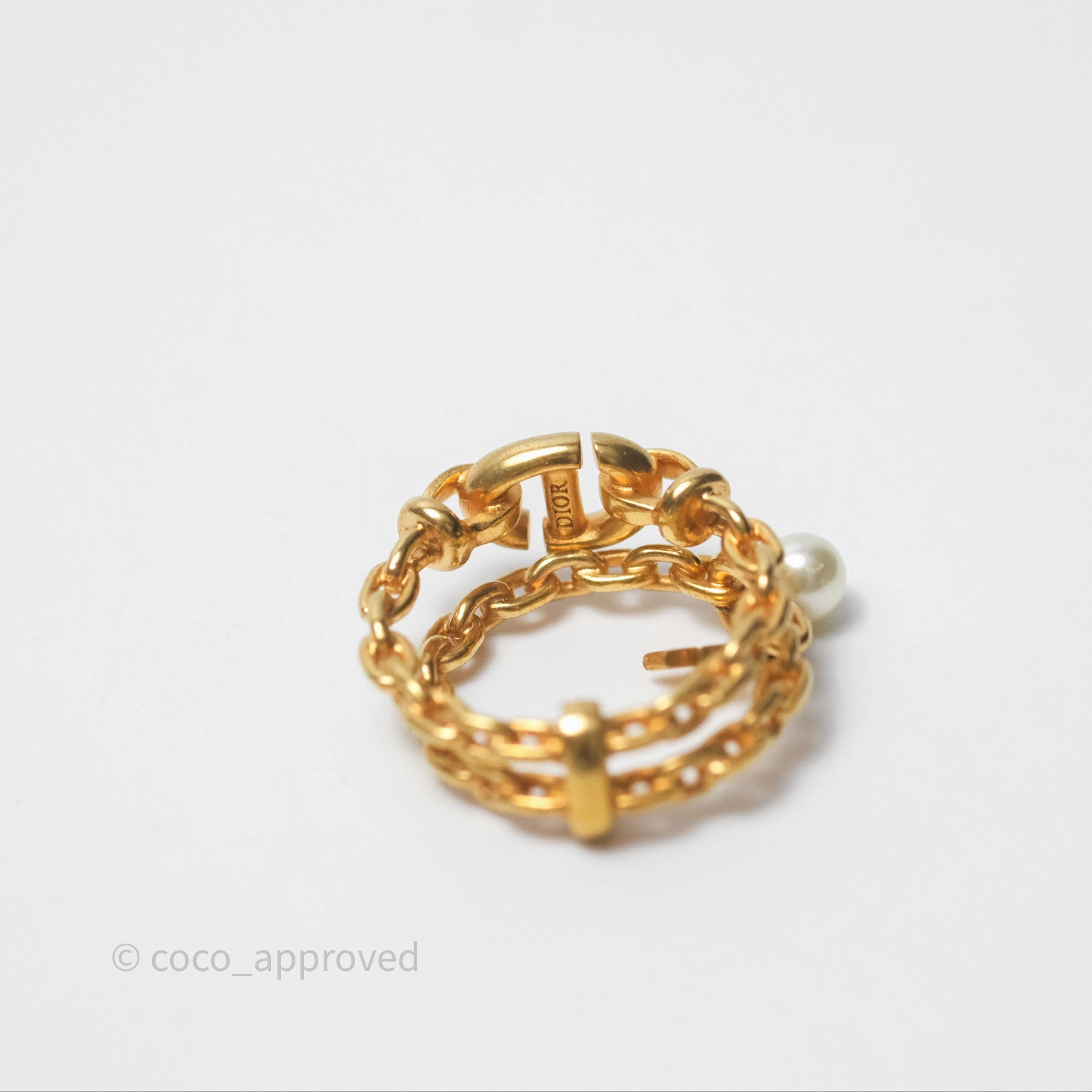Christian Dior CD Double Chain Star Pearl Ring Gold Tone