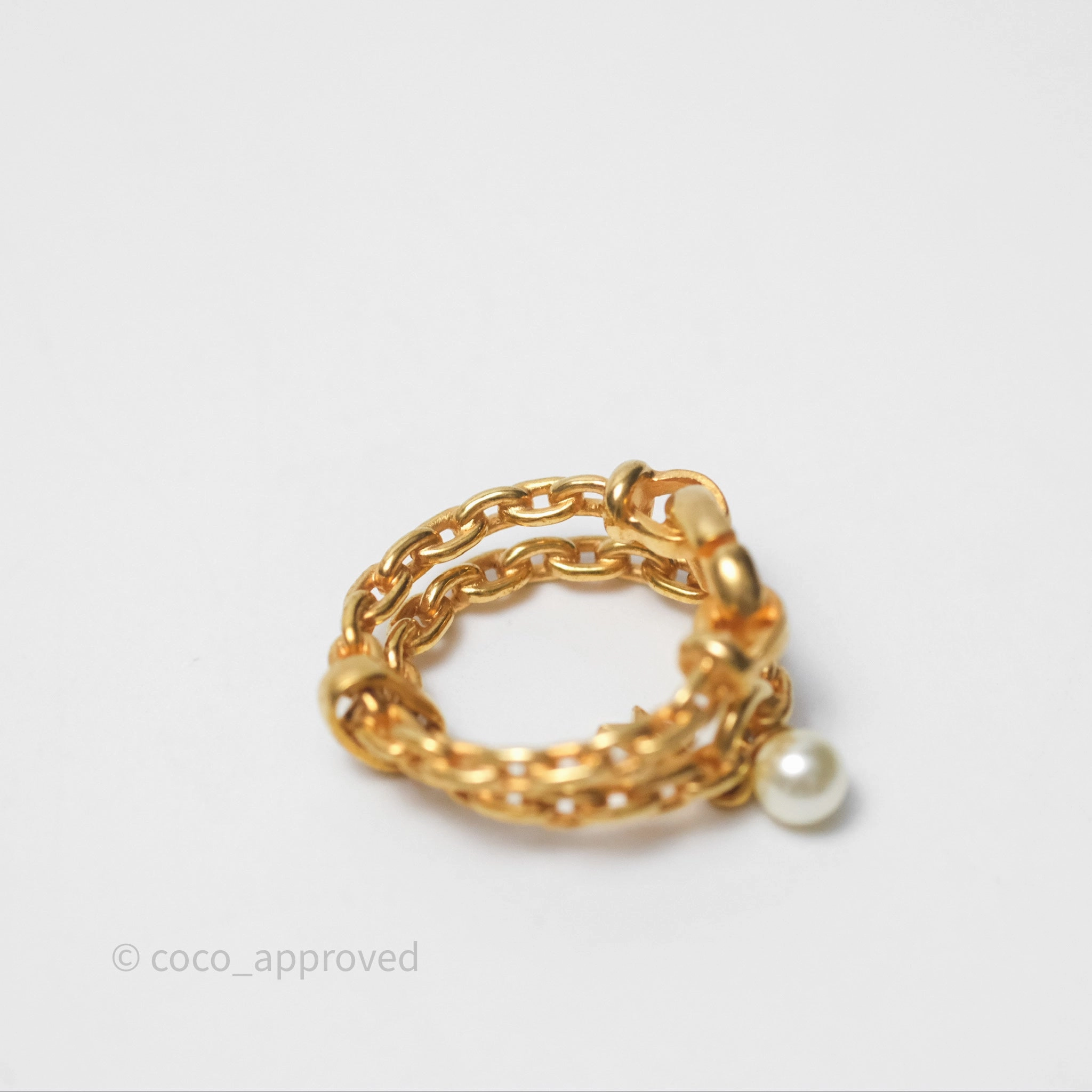Christian Dior CD Double Chain Star Pearl Ring Gold Tone