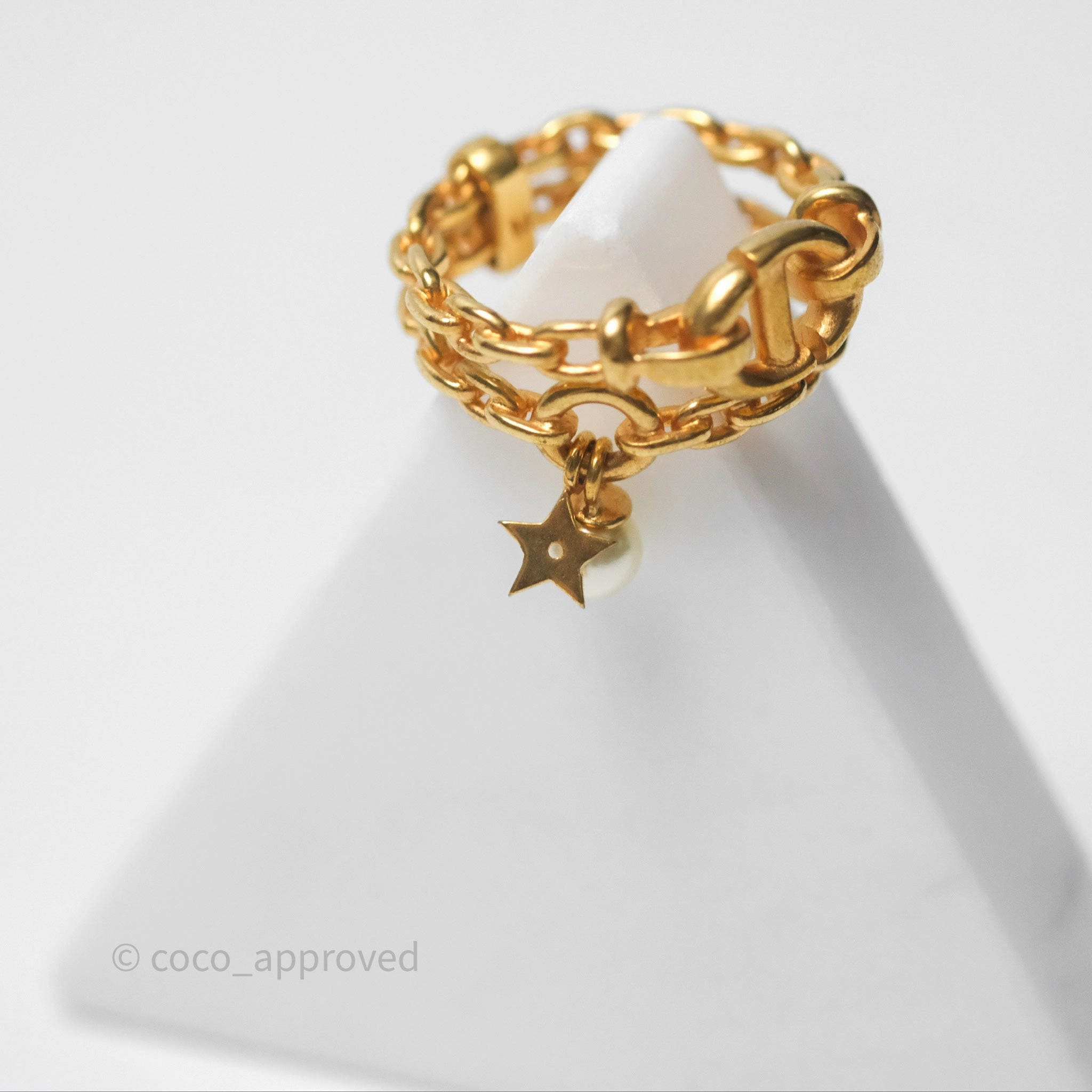 Christian Dior CD Double Chain Star Pearl Ring Gold Tone