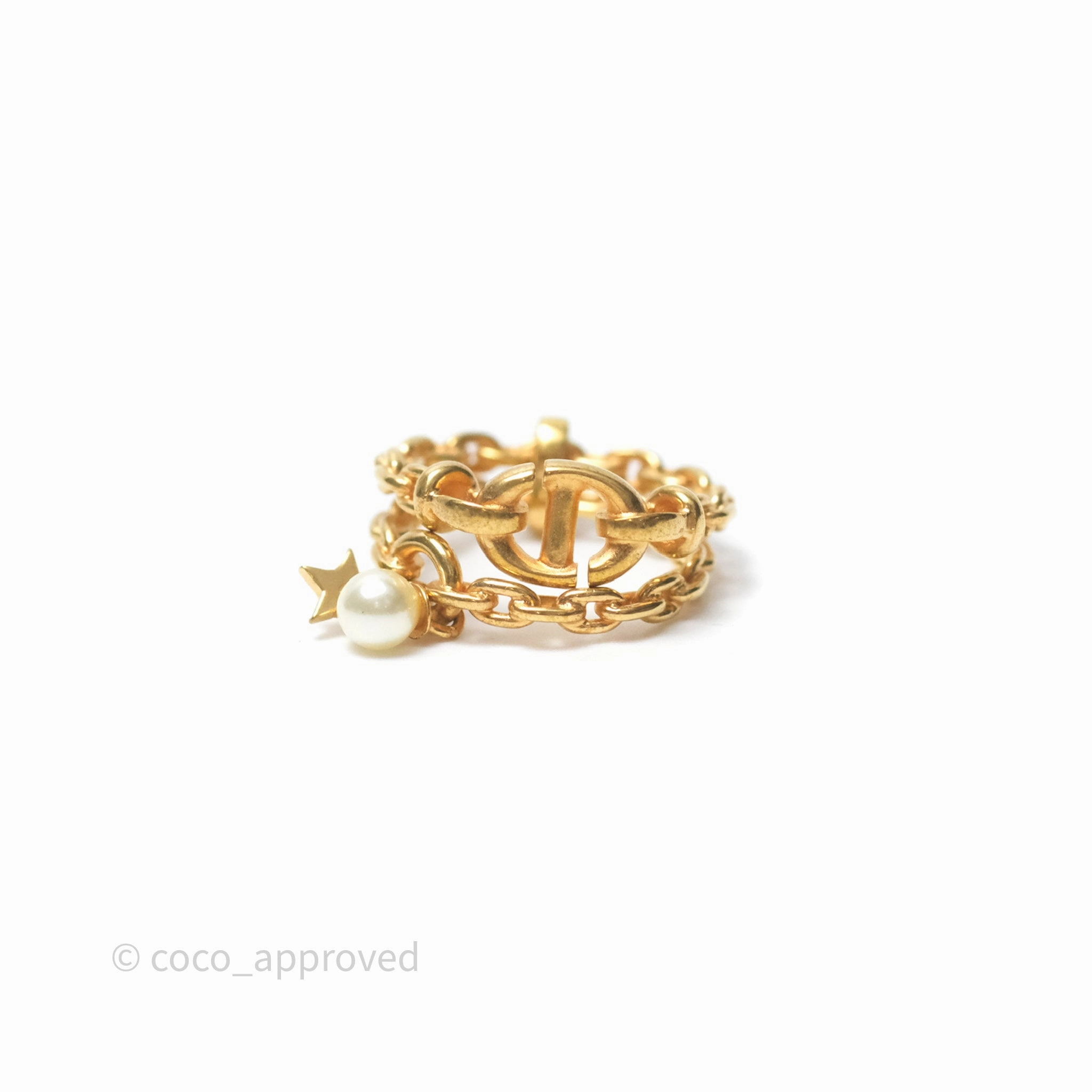 Christian Dior CD Double Chain Star Pearl Ring Gold Tone