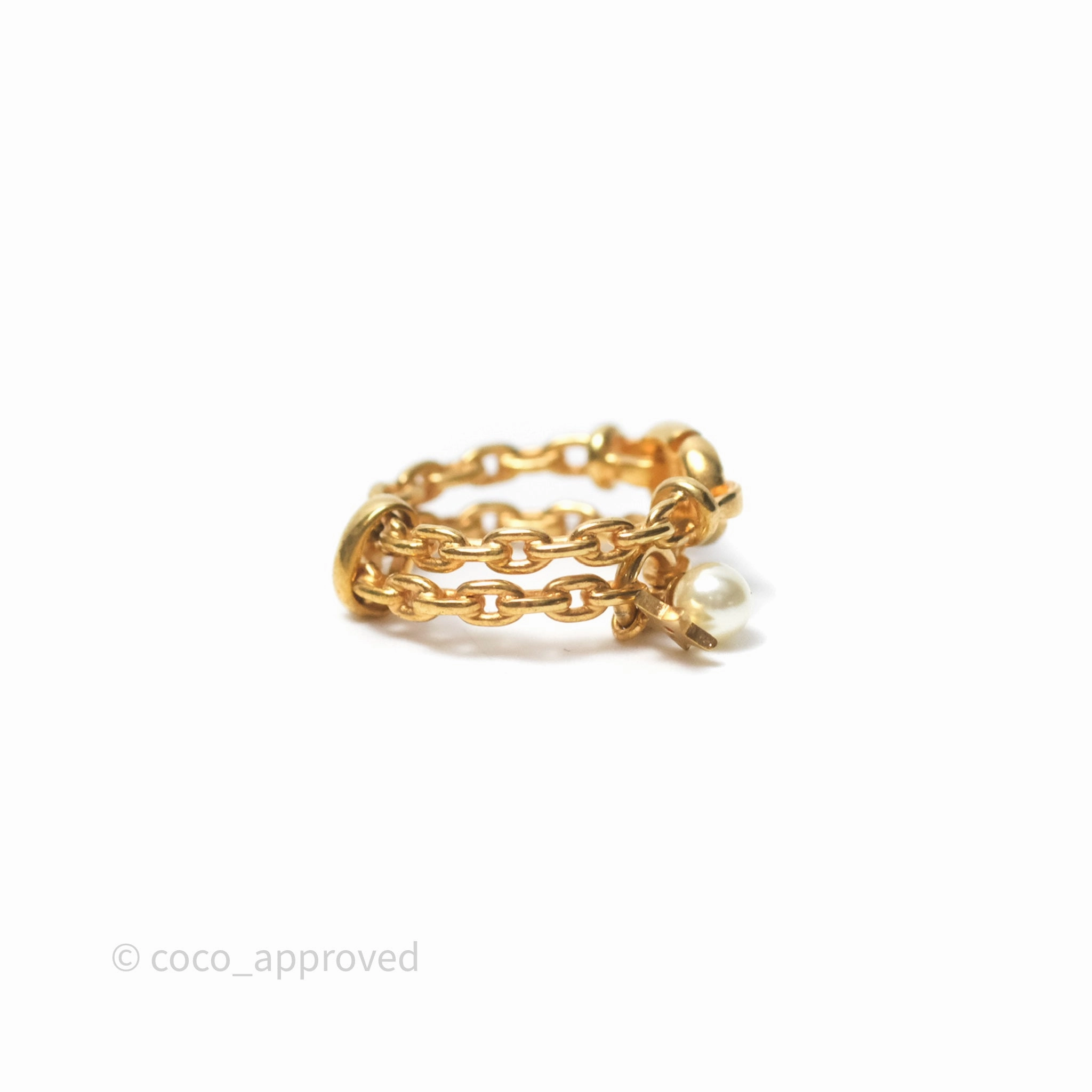 Christian Dior CD Double Chain Star Pearl Ring Gold Tone