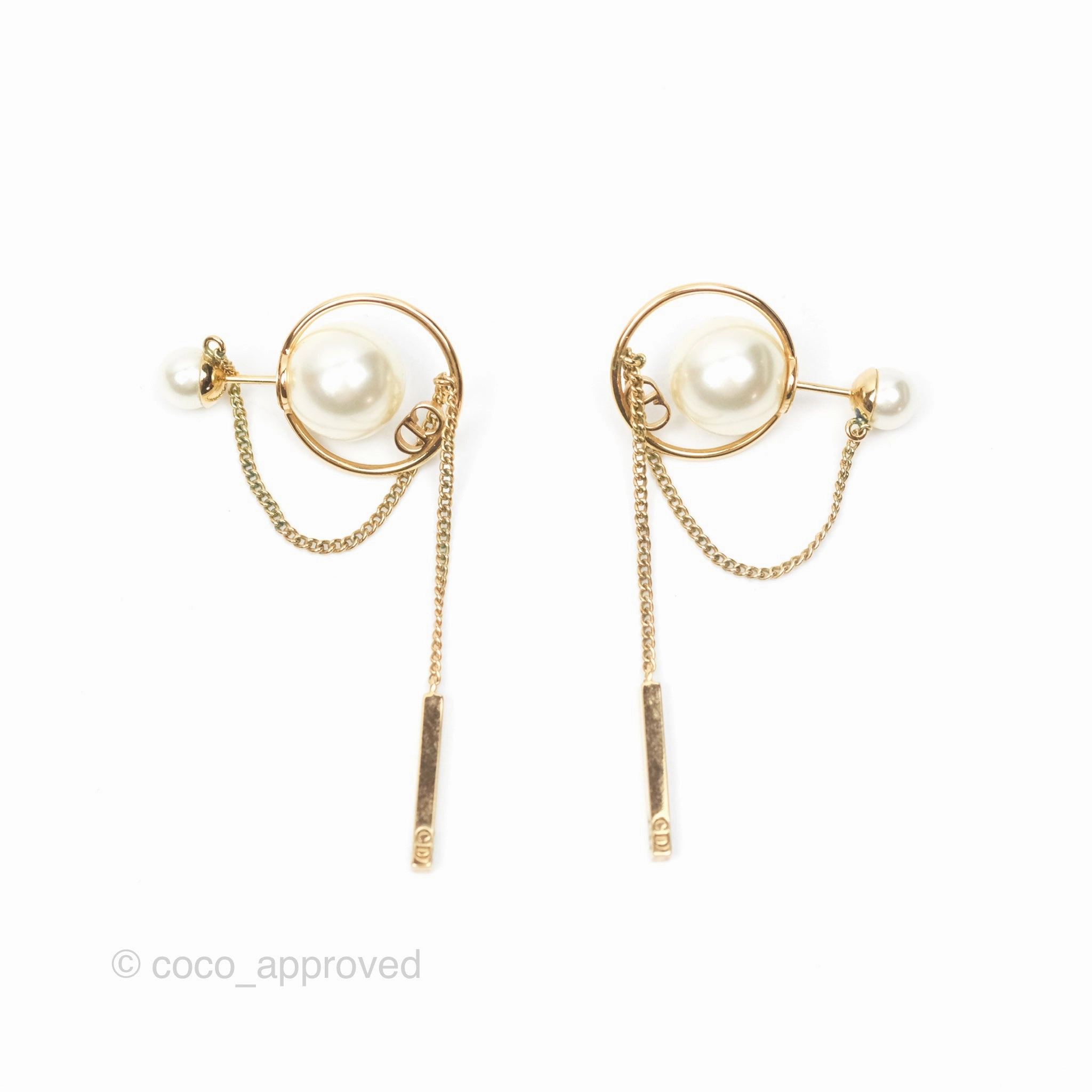 Christian Dior CD Pearl Long Drop Earrings Gold Tone